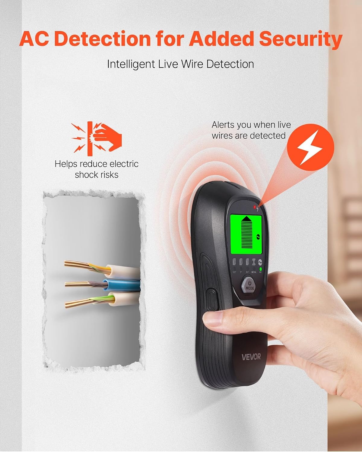 image:imageVEVOR Stud Finder Wall Scanner 5 in 1 Electronic Wall Stud Detector with Smart Sensor HighDefinition LCD Display and Audio Alarm for the Center and Edge of Metal AC Wire Joists Pipes Black
