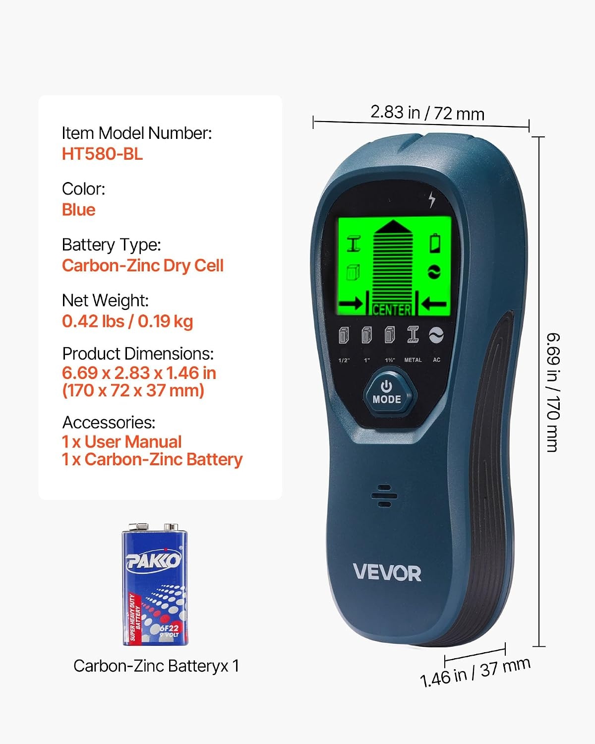 image:imageVEVOR Stud Finder Wall Scanner 5 in 1 Electronic Wall Stud Detector with Smart Sensor HighDefinition LCD Display and Audio Alarm for the Center and Edge of Metal AC Wire Joists Pipes Blue