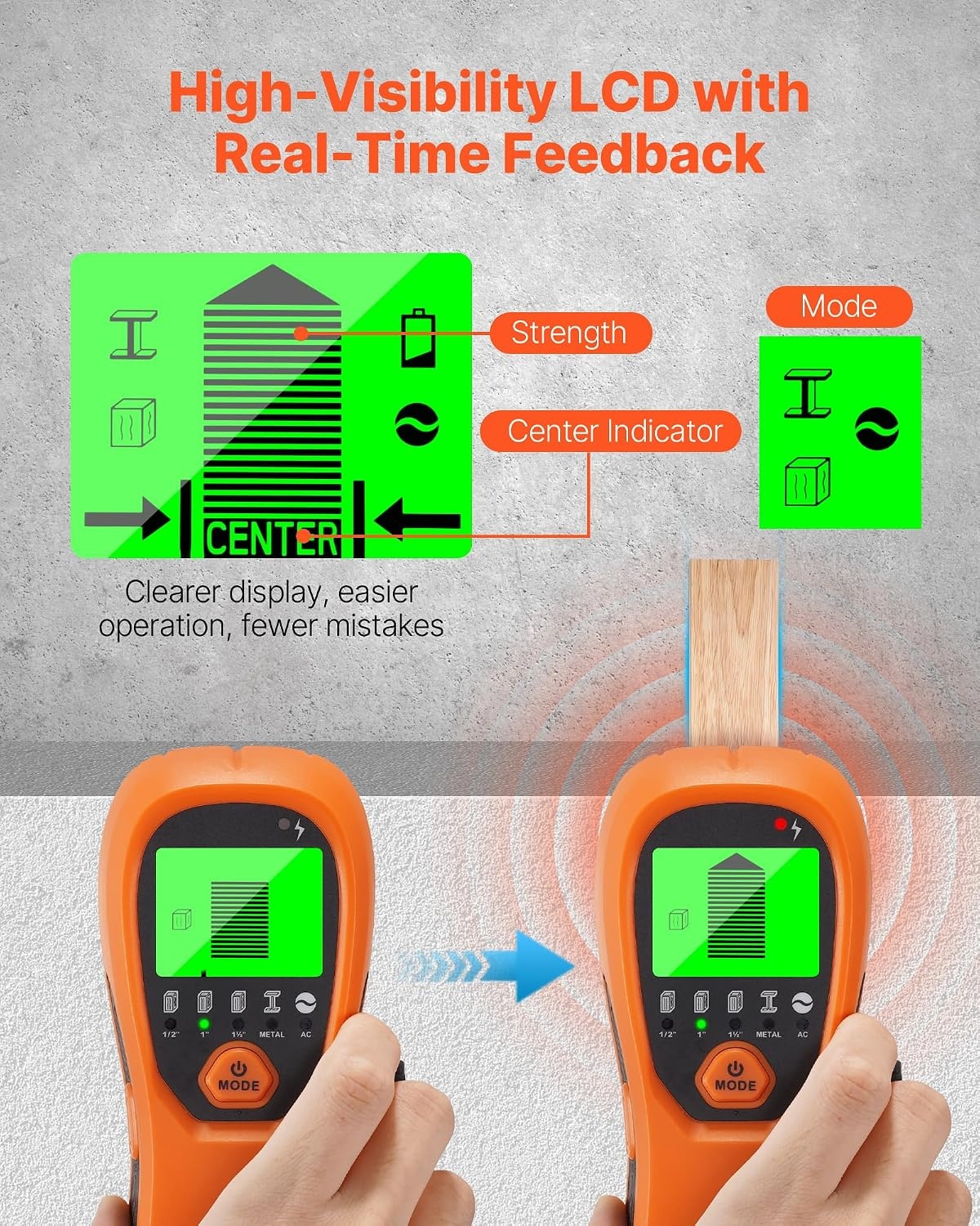 image:imageVEVOR Stud Finder Wall Scanner 5 in 1 Electronic Wall Stud Detector with Smart Sensor HighDefinition LCD Display and Audio Alarm for the Center and Edge of Metal AC Wire Joists Pipes Orange