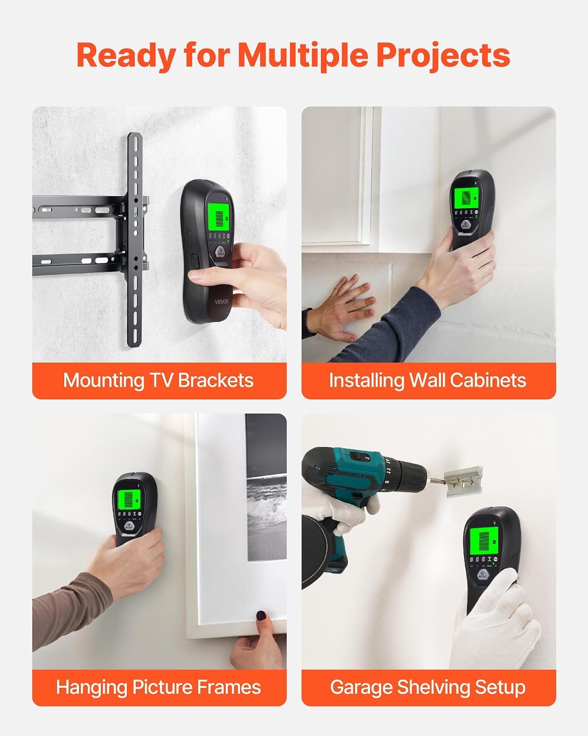 image:imageVEVOR Stud Finder Wall Scanner 5 in 1 Electronic Wall Stud Detector with Smart Sensor HighDefinition LCD Display and Audio Alarm for the Center and Edge of Metal AC Wire Joists Pipes Black