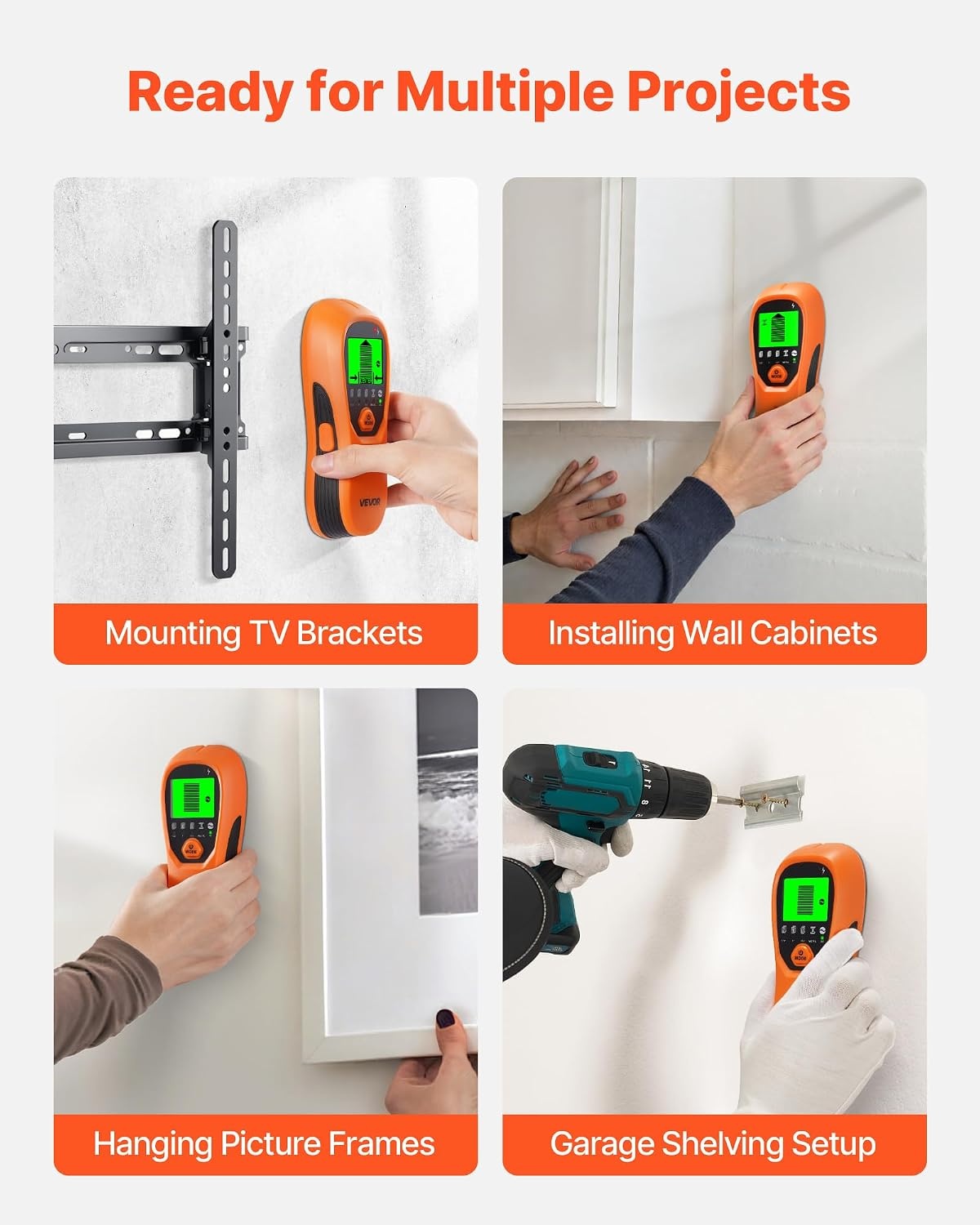 image:imageVEVOR Stud Finder Wall Scanner 5 in 1 Electronic Wall Stud Detector with Smart Sensor HighDefinition LCD Display and Audio Alarm for the Center and Edge of Metal AC Wire Joists Pipes Orange