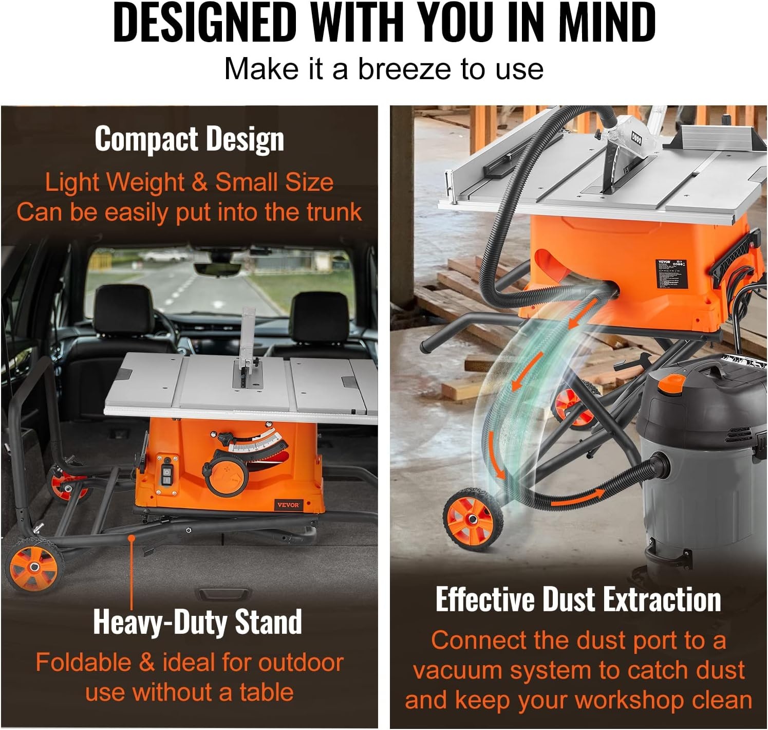 image:imageVEVOR Table Saw with Stand 10inch 15Amp 25in Max Rip Capacity Cutting Speed up to 5000RPM 40T Blade Portable Compact Jobsite Tablesaw wSliding Miter Gauge for Woodworking amp Furniture Making 018 Adjustable Depth for Woodworking