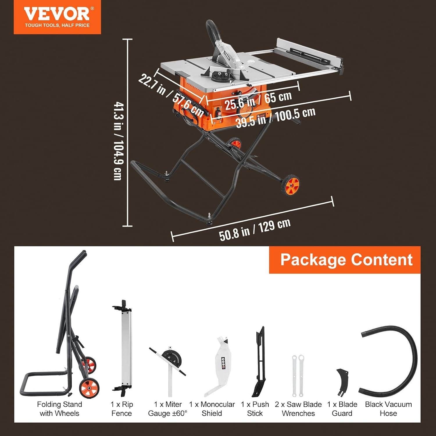 image:imageVEVOR Table Saw with Stand 10inch 15Amp 25in Max Rip Capacity Cutting Speed up to 5000RPM 40T Blade Portable Compact Jobsite Tablesaw wSliding Miter Gauge for Woodworking amp Furniture Making 018 Adjustable Depth for Woodworking