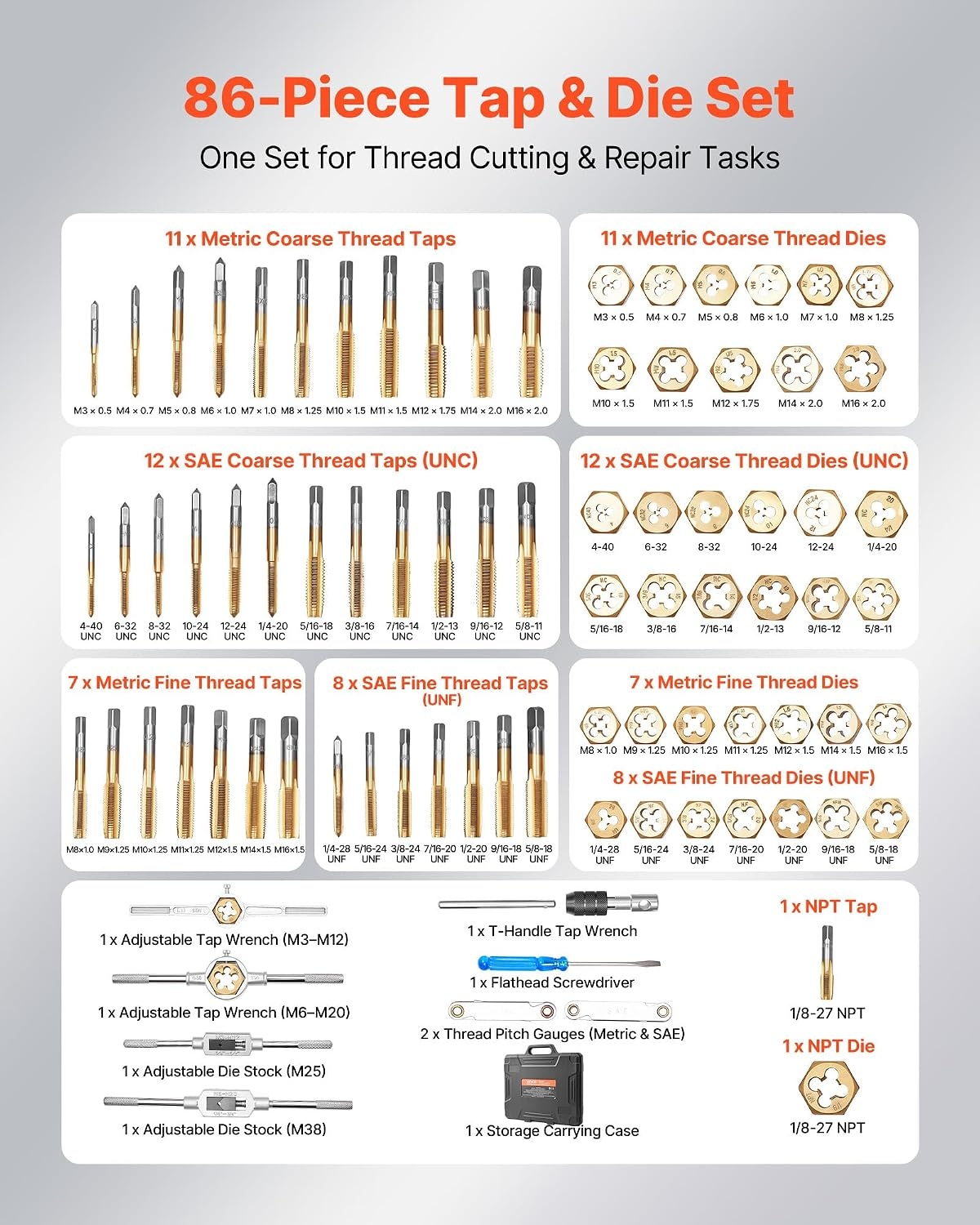image:imageVEVOR Tap and Die Set 86Piece Metric and SAE Sizes M3 to M12 4 to 58 with Coarse and Fine Thread Taps and Dies Wrench Carrying Case and Complete Accessories for Threading and Rethreading86pcsTitaniumCoated