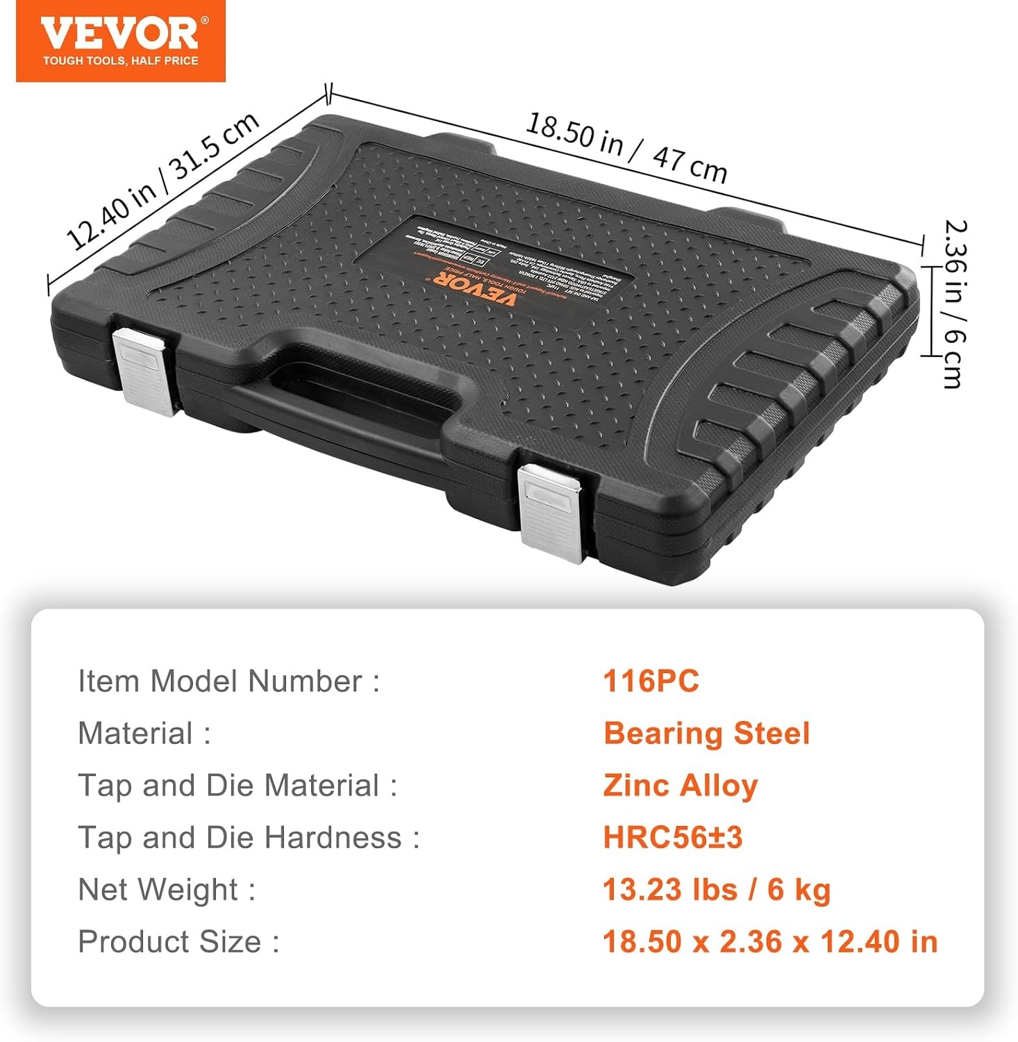 image:imageVEVOR Tap and Die Set 86Piece Metric and SAE Sizes M3 to M12 4 to 58 with Coarse and Fine Thread Taps and Dies Wrench Carrying Case and Complete Accessories for Threading and Rethreading116pcs