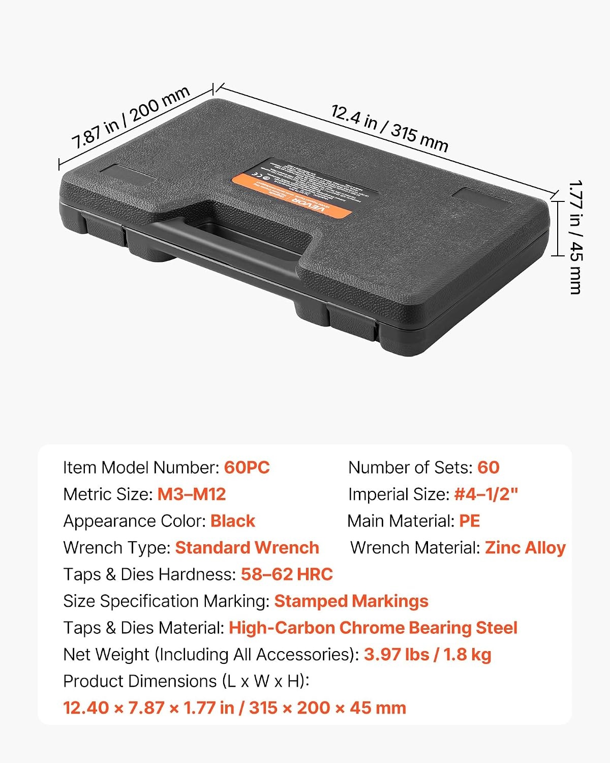 image:imageVEVOR Tap and Die Set 86Piece Metric and SAE Sizes M3 to M12 4 to 58 with Coarse and Fine Thread Taps and Dies Wrench Carrying Case and Complete Accessories for Threading and Rethreading60pcs