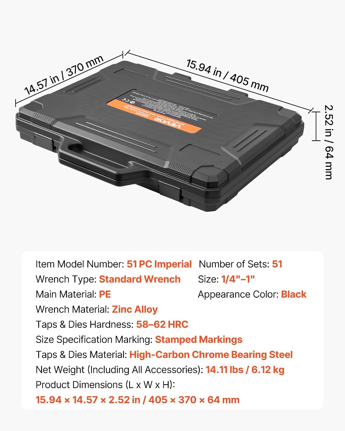 image:imageVEVOR Tap and Die Set 86Piece Metric and SAE Sizes M3 to M12 4 to 58 with Coarse and Fine Thread Taps and Dies Wrench Carrying Case and Complete Accessories for Threading and RethreadingLarge51pcsSAE