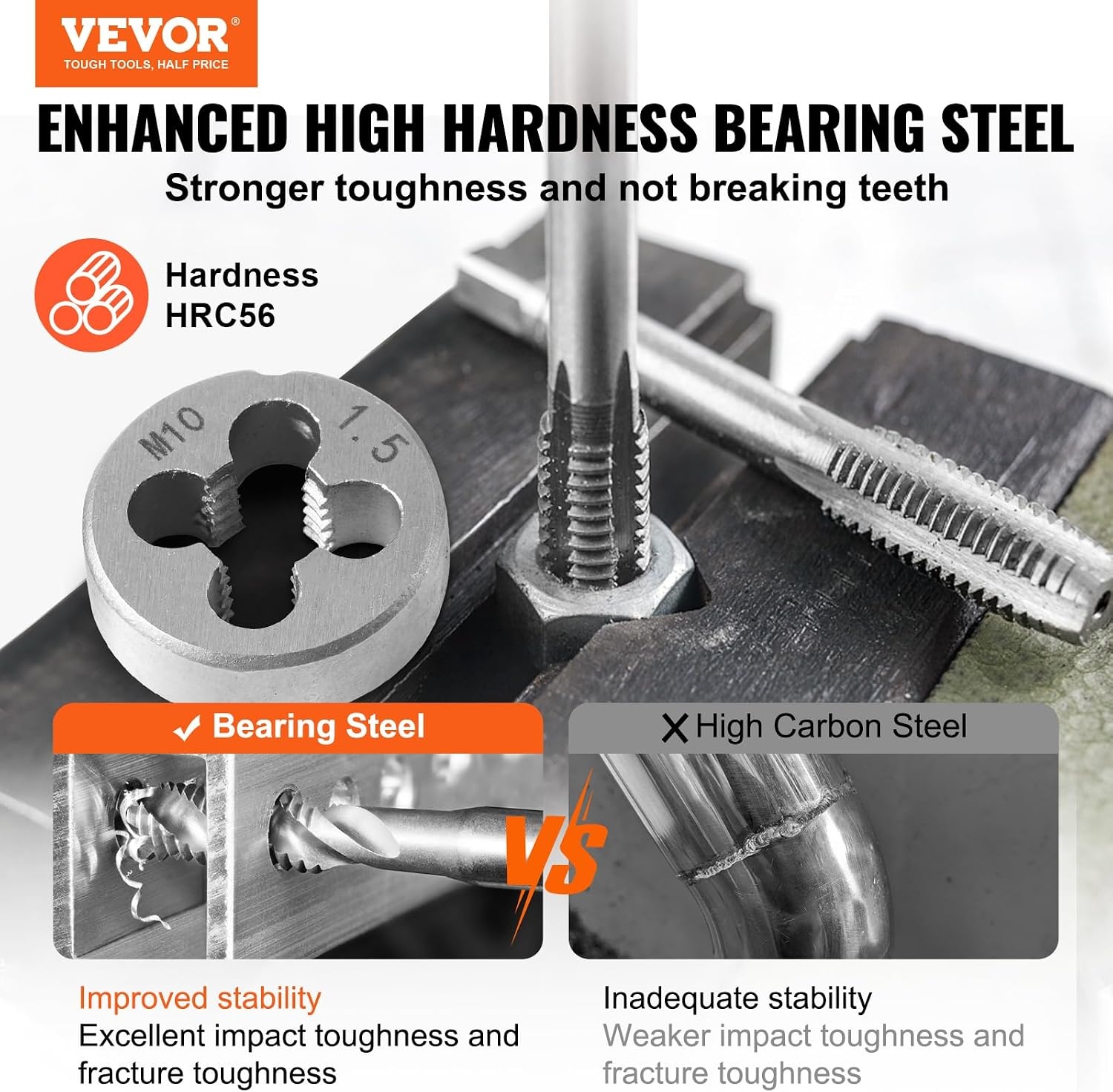 image:imageVEVOR Tap and Die Set 86Piece Metric and SAE Sizes M3 to M12 4 to 58 with Coarse and Fine Thread Taps and Dies Wrench Carrying Case and Complete Accessories for Threading and Rethreading116pcs