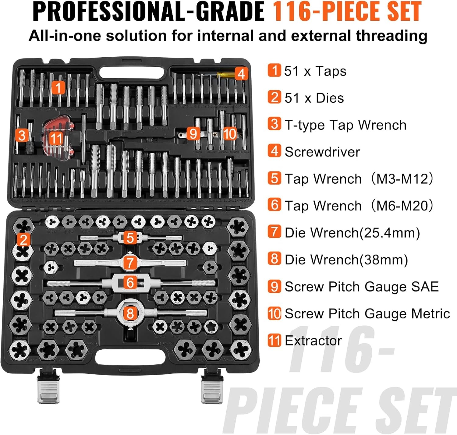image:imageVEVOR Tap and Die Set 86Piece Metric and SAE Sizes M3 to M12 4 to 58 with Coarse and Fine Thread Taps and Dies Wrench Carrying Case and Complete Accessories for Threading and Rethreading116pcs