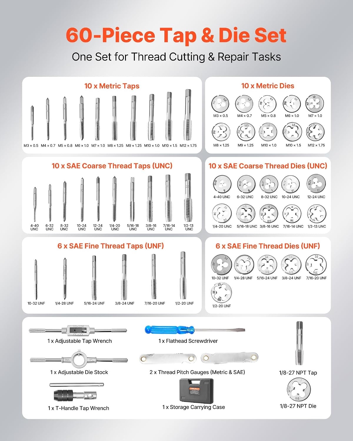 image:imageVEVOR Tap and Die Set 86Piece Metric and SAE Sizes M3 to M12 4 to 58 with Coarse and Fine Thread Taps and Dies Wrench Carrying Case and Complete Accessories for Threading and Rethreading60pcs