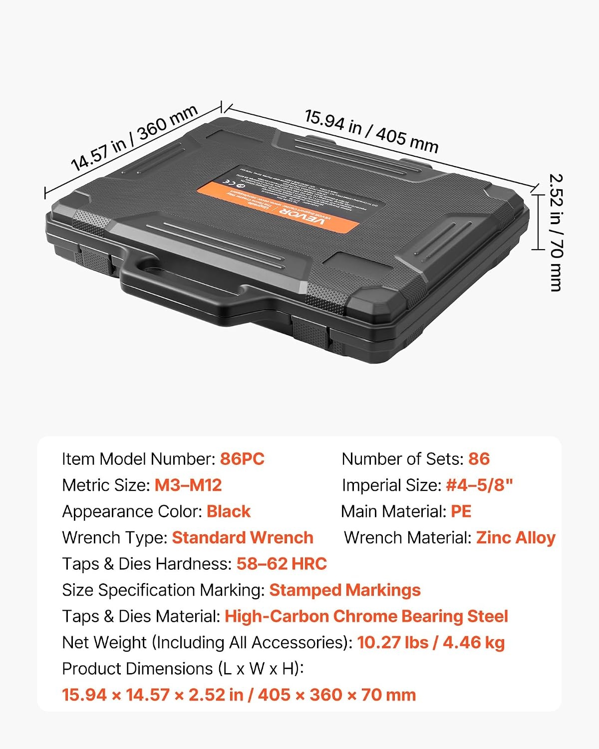 image:imageVEVOR Tap and Die Set 86Piece Metric and SAE Sizes M3 to M12 4 to 58 with Coarse and Fine Thread Taps and Dies Wrench Carrying Case and Complete Accessories for Threading and Rethreading86pcsTitaniumCoated