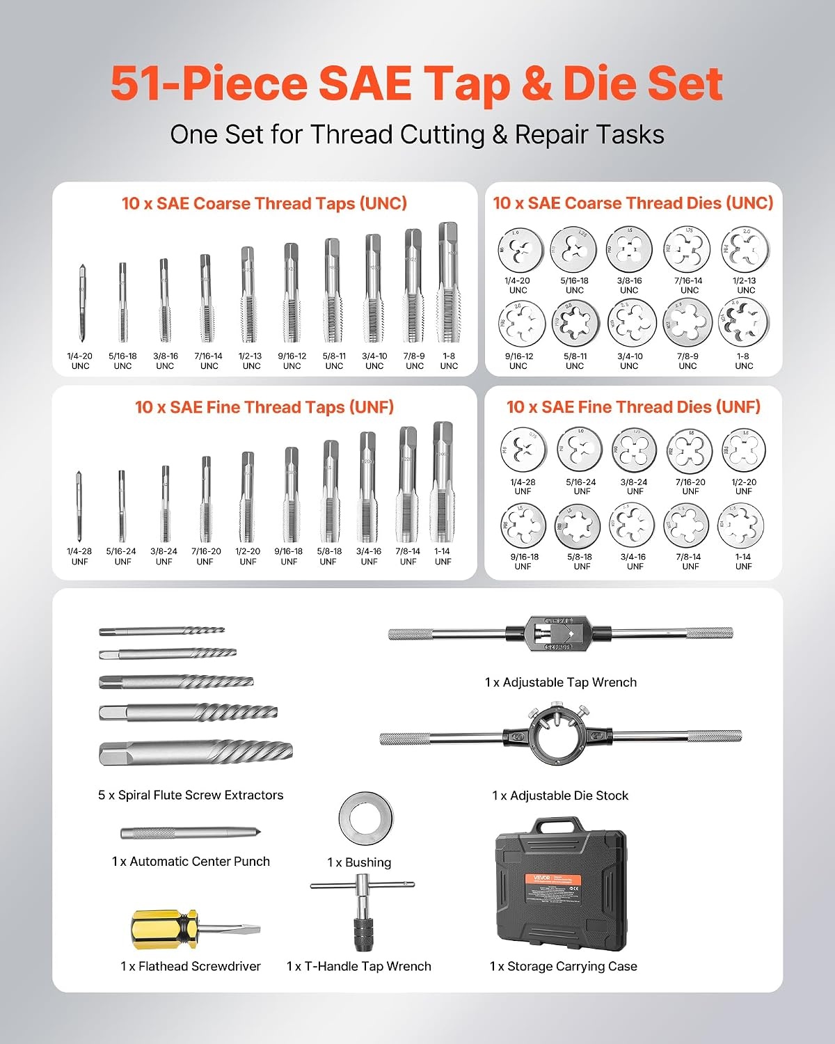 image:imageVEVOR Tap and Die Set 86Piece Metric and SAE Sizes M3 to M12 4 to 58 with Coarse and Fine Thread Taps and Dies Wrench Carrying Case and Complete Accessories for Threading and RethreadingLarge51pcsSAE