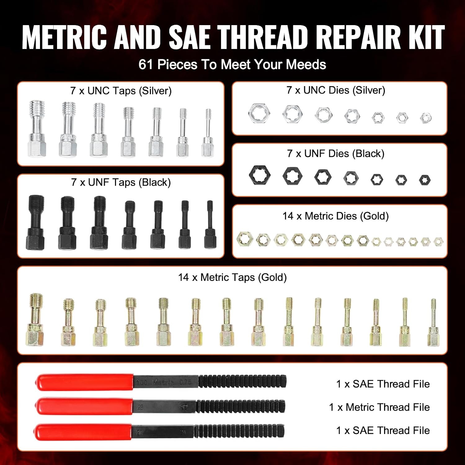 image:imageVEVOR Thread Repair Kit 166Piece Metric HSS Drill Helicoil Repair Kit M5 M6 M8 M10 M12 Portable Rethreading Tool Kit Thread Inserts Taps Breakoff Installation ToolsSAEMETRIC