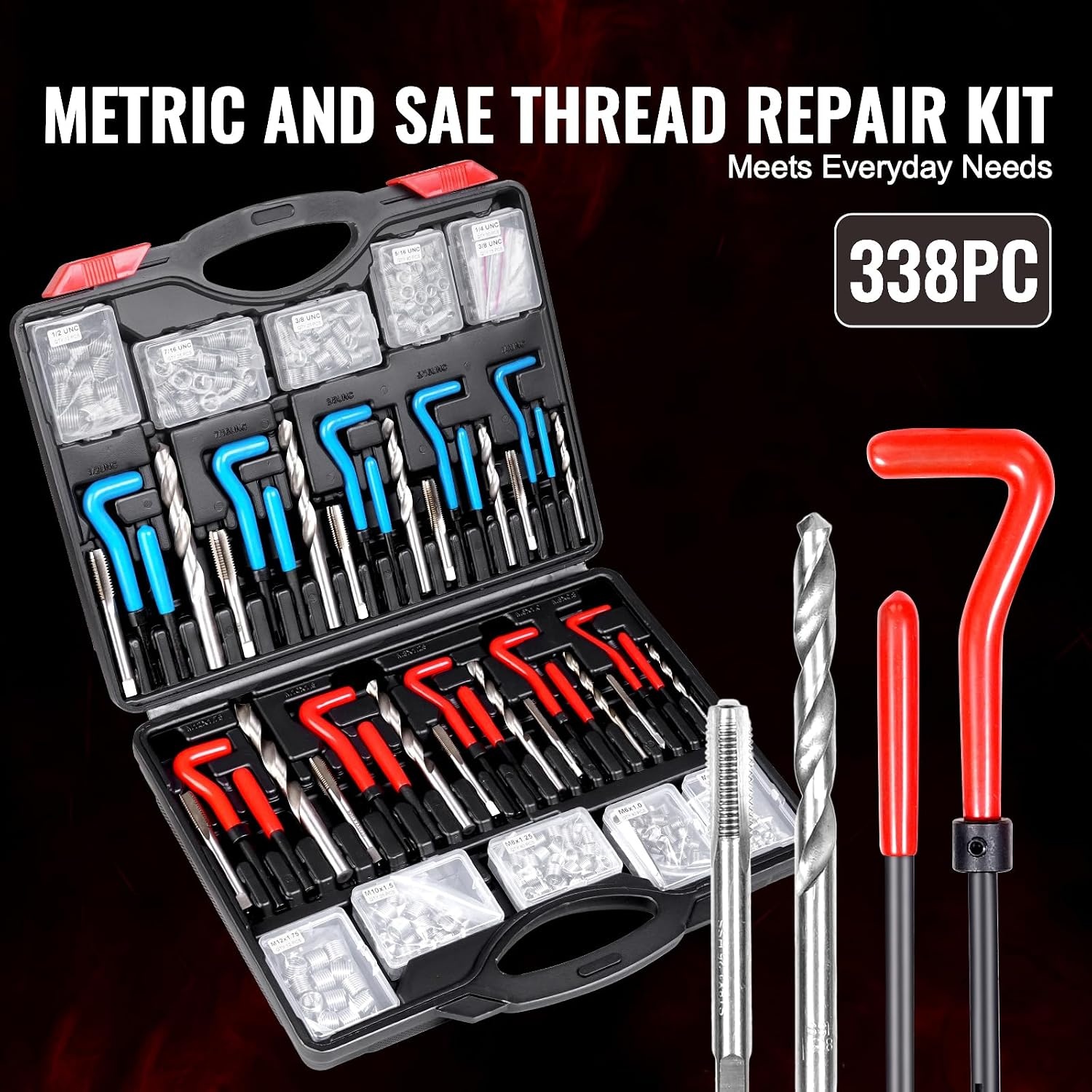image:imageVEVOR Thread Repair Kit 166Piece Metric HSS Drill Helicoil Repair Kit M5 M6 M8 M10 M12 Portable Rethreading Tool Kit Thread Inserts Taps Breakoff Installation ToolsSAEMETRIC