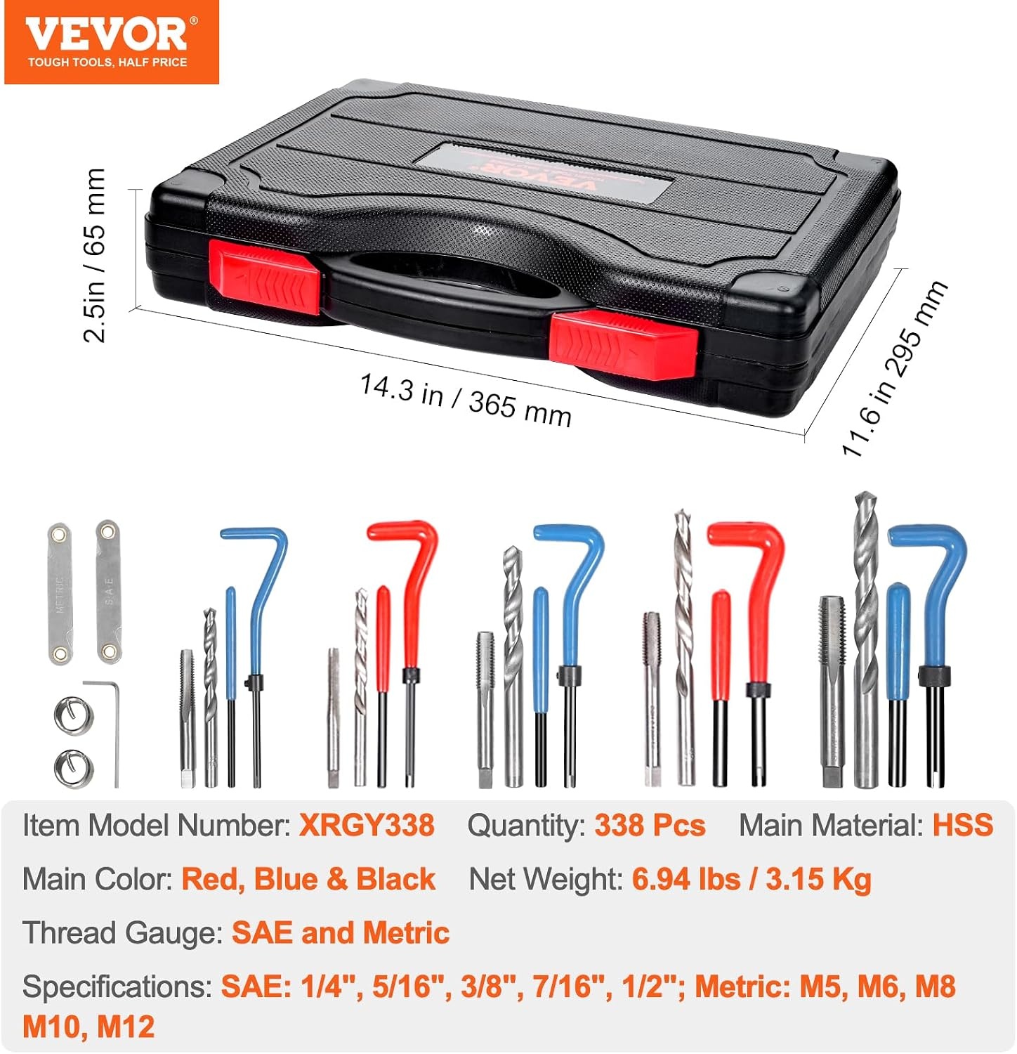 image:imageVEVOR Thread Repair Kit 166Piece Metric HSS Drill Helicoil Repair Kit M5 M6 M8 M10 M12 Portable Rethreading Tool Kit Thread Inserts Taps Breakoff Installation ToolsSAEMETRIC