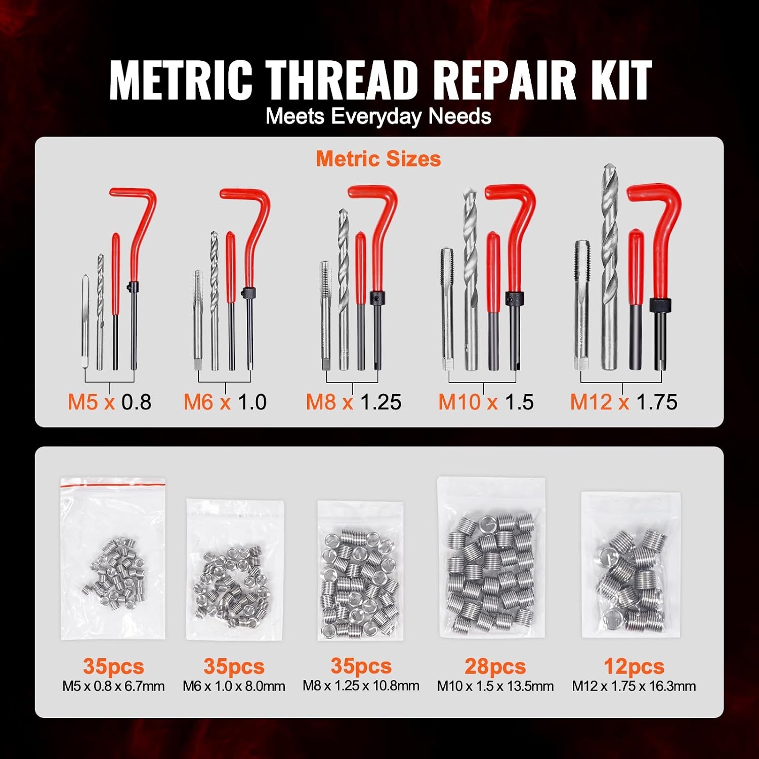 image:imageVEVOR Thread Repair Kit 166Piece Metric HSS Drill Helicoil Repair Kit M5 M6 M8 M10 M12 Portable Rethreading Tool Kit Thread Inserts Taps Breakoff Installation ToolsMETRIC