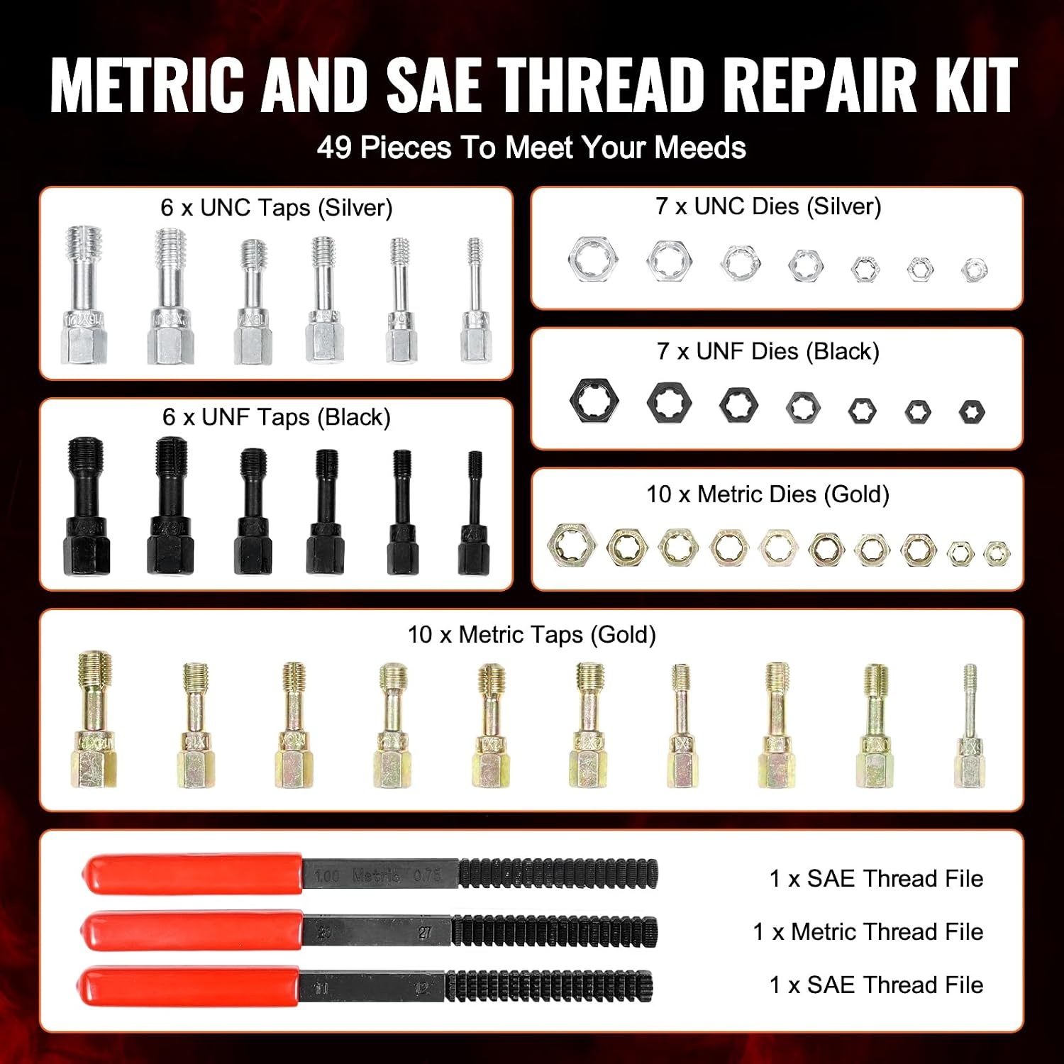 image:imageVEVOR Thread Repair Kit 166Piece Metric HSS Drill Helicoil Repair Kit M5 M6 M8 M10 M12 Portable Rethreading Tool Kit Thread Inserts Taps Breakoff Installation ToolsSAEMETRIC