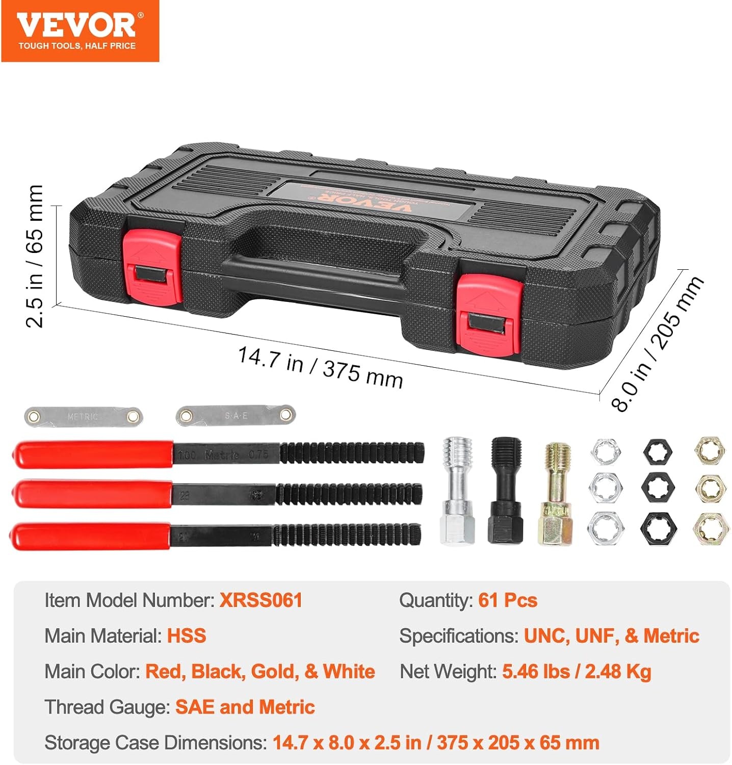 image:imageVEVOR Thread Repair Kit 166Piece Metric HSS Drill Helicoil Repair Kit M5 M6 M8 M10 M12 Portable Rethreading Tool Kit Thread Inserts Taps Breakoff Installation ToolsSAEMETRIC