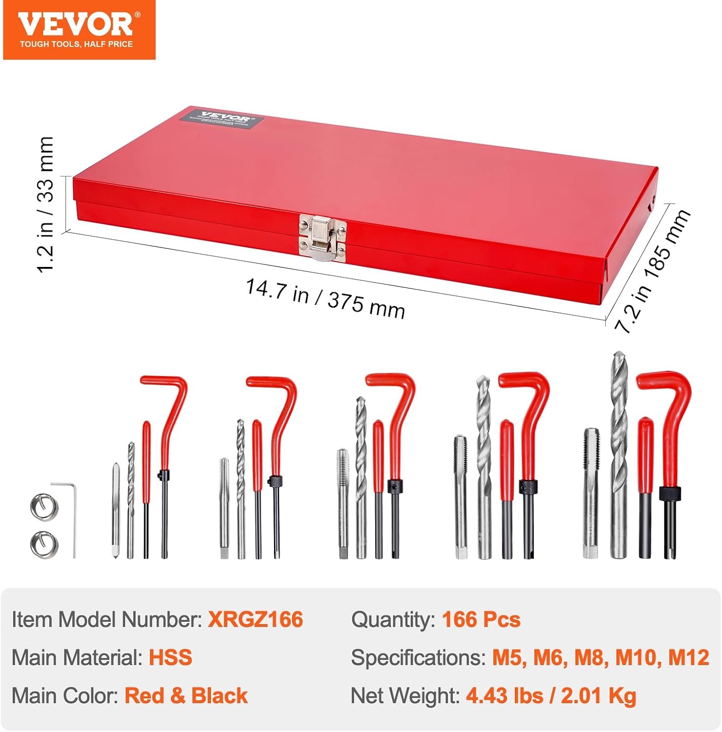 image:imageVEVOR Thread Repair Kit 166Piece Metric HSS Drill Helicoil Repair Kit M5 M6 M8 M10 M12 Portable Rethreading Tool Kit Thread Inserts Taps Breakoff Installation ToolsMETRIC