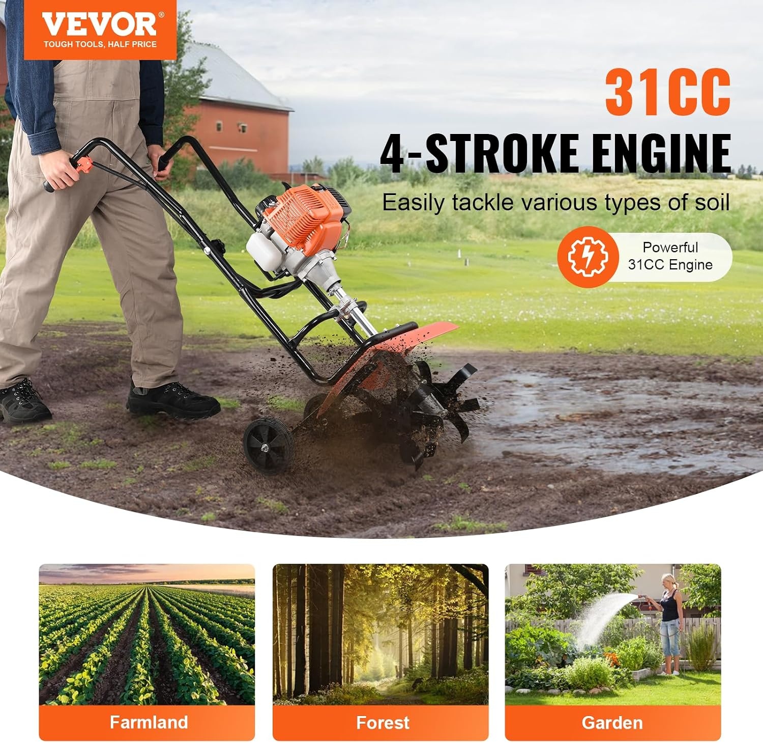 image:imageVEVOR Tiller Cultivator Gas Powered 43CC 2Stroke Garden Cultivator Tiller with 4 Steel Adjustable Front Tines for Lawn Garden and Field Soil Cultivation31CC 4Stroke