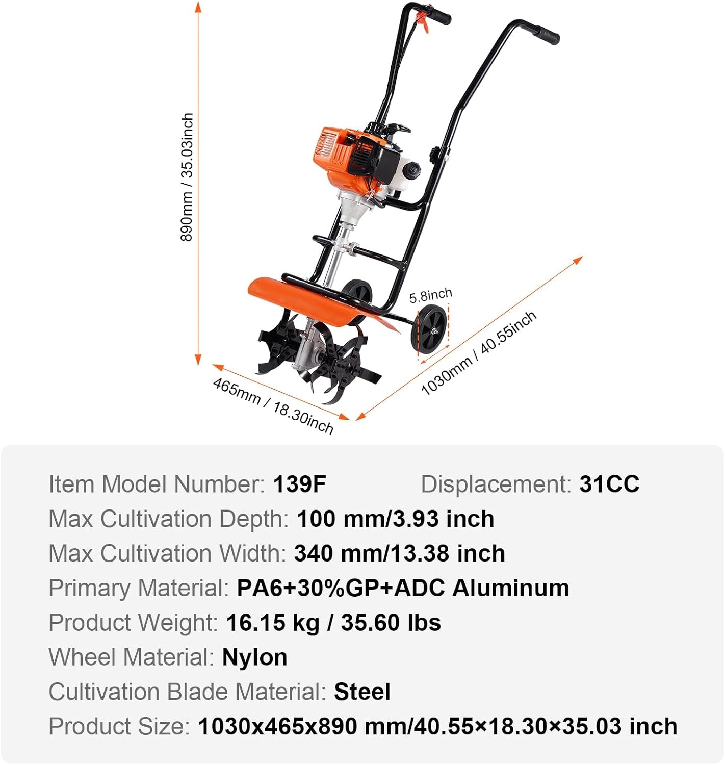 image:imageVEVOR Tiller Cultivator Gas Powered 43CC 2Stroke Garden Cultivator Tiller with 4 Steel Adjustable Front Tines for Lawn Garden and Field Soil Cultivation31CC 4Stroke