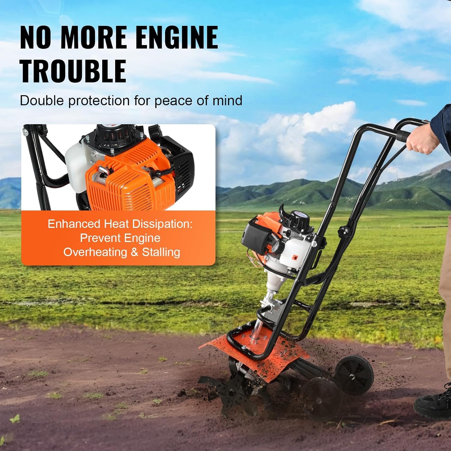 image:imageVEVOR Tiller Cultivator Gas Powered 43CC 2Stroke Garden Cultivator Tiller with 4 Steel Adjustable Front Tines for Lawn Garden and Field Soil Cultivation31CC 4Stroke