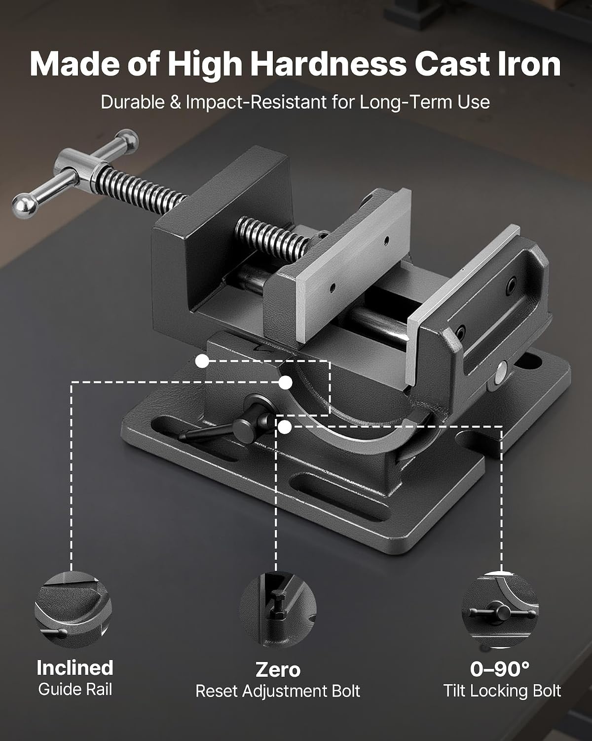 image:imageVEVOR Tilting Vise 425 Inch Jaw Width Portable Drill Press Bench Vise 090 Adjustable Tilt Durable Cast Iron Construction Workbench Vice for Woodworking for Benchtops and Drill Presses Black