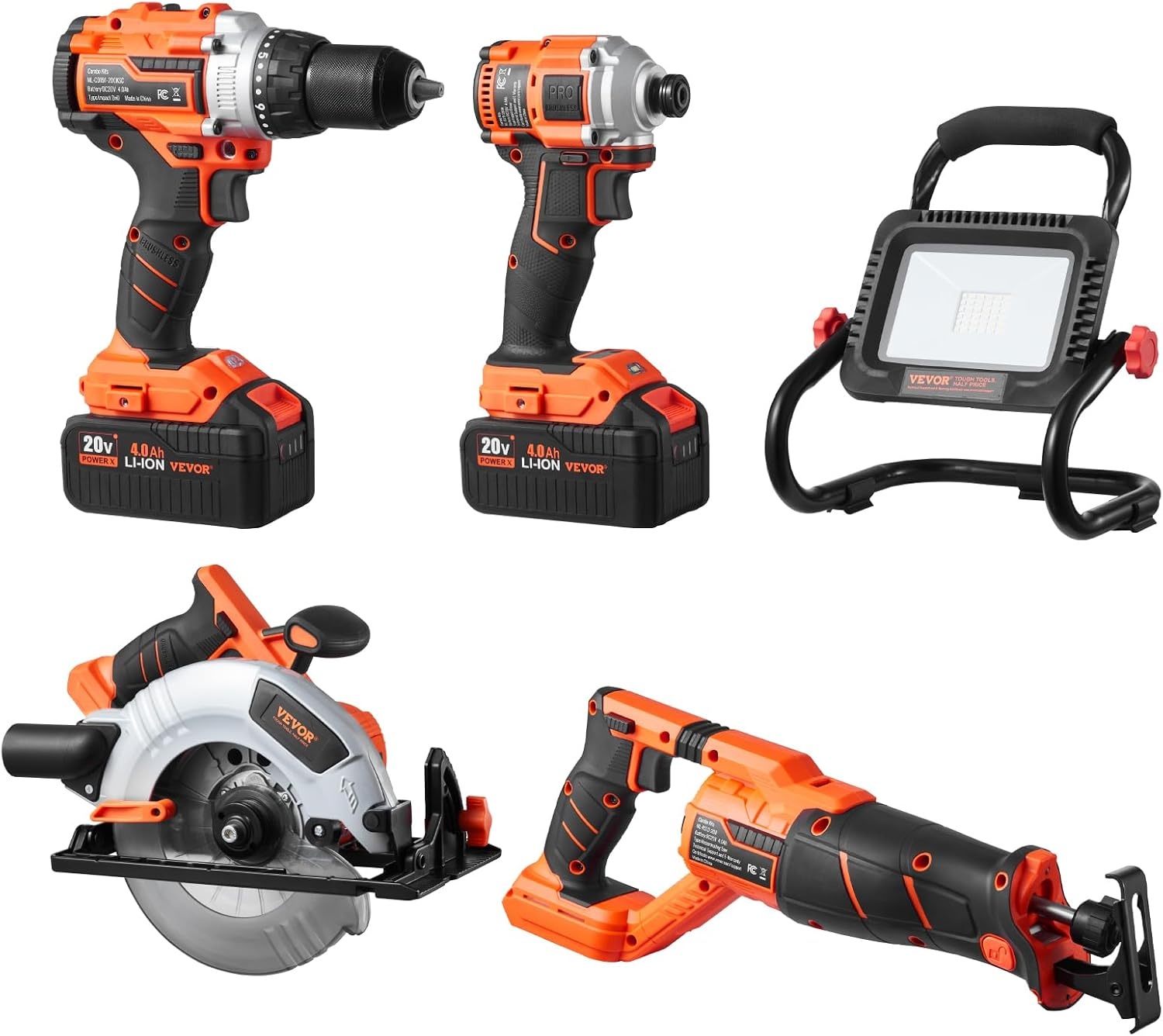 image:imageVEVOR Tool Combo Kit 20V Brushless 5Tool Combo Kit Cordless Power Cordless Drill and Impact Driver with 40 Ah Batteries Charger Reciprocating Saw Circular Saw and Work Light5pcs Brushless 20V