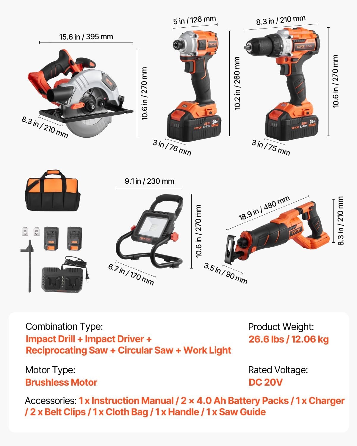 image:imageVEVOR Tool Combo Kit 20V Brushless 5Tool Combo Kit Cordless Power Cordless Drill and Impact Driver with 40 Ah Batteries Charger Reciprocating Saw Circular Saw and Work Light5pcs Brushless 20V