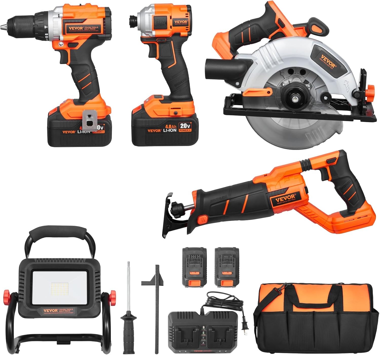 image:imageVEVOR Tool Combo Kit 20V Brushless 5Tool Combo Kit Cordless Power Cordless Drill and Impact Driver with 40 Ah Batteries Charger Reciprocating Saw Circular Saw and Work Light5pcs Brushless 20V