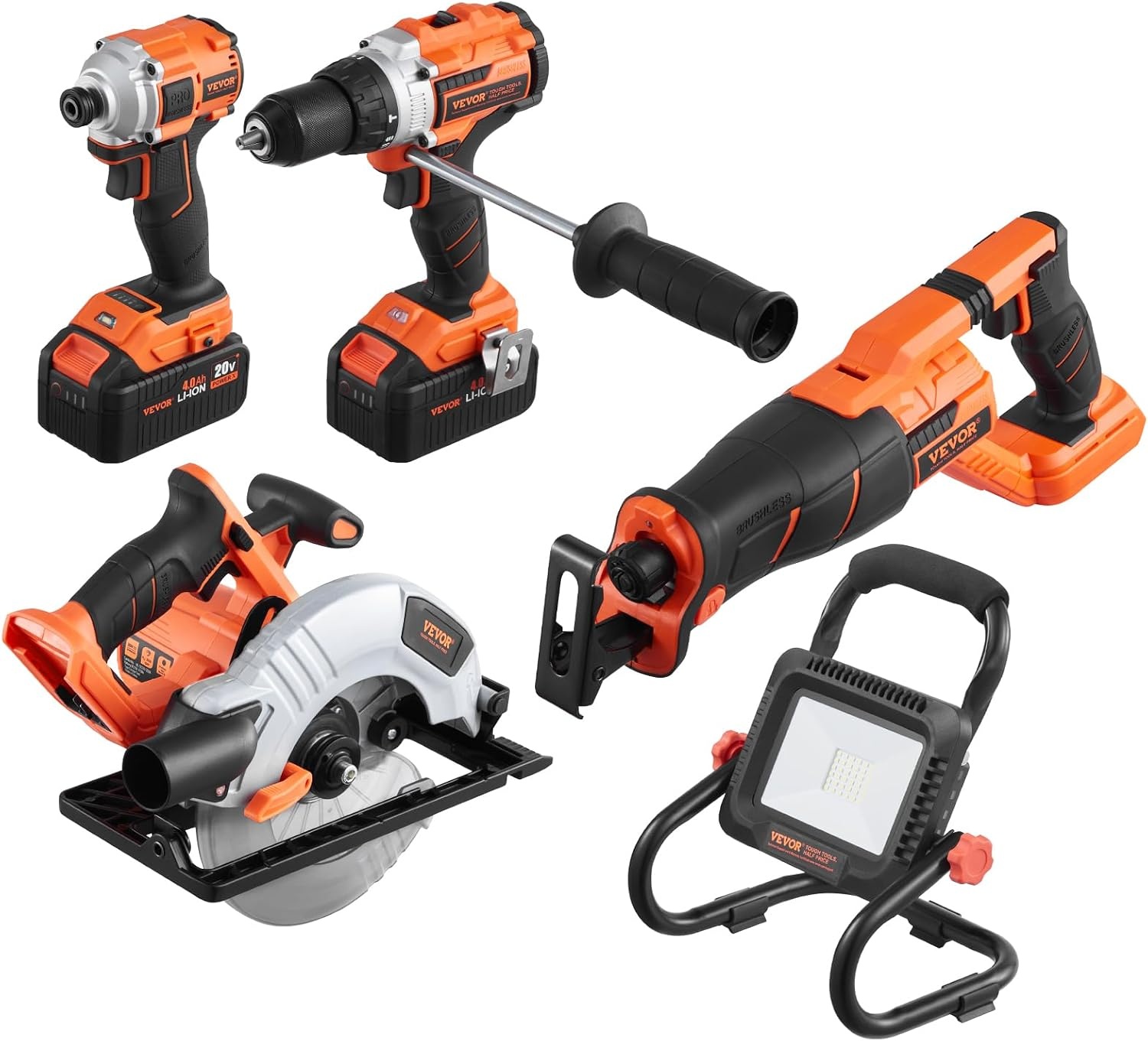 image:imageVEVOR Tool Combo Kit 20V Brushless 5Tool Combo Kit Cordless Power Cordless Drill and Impact Driver with 40 Ah Batteries Charger Reciprocating Saw Circular Saw and Work Light5pcs Brushless 20V