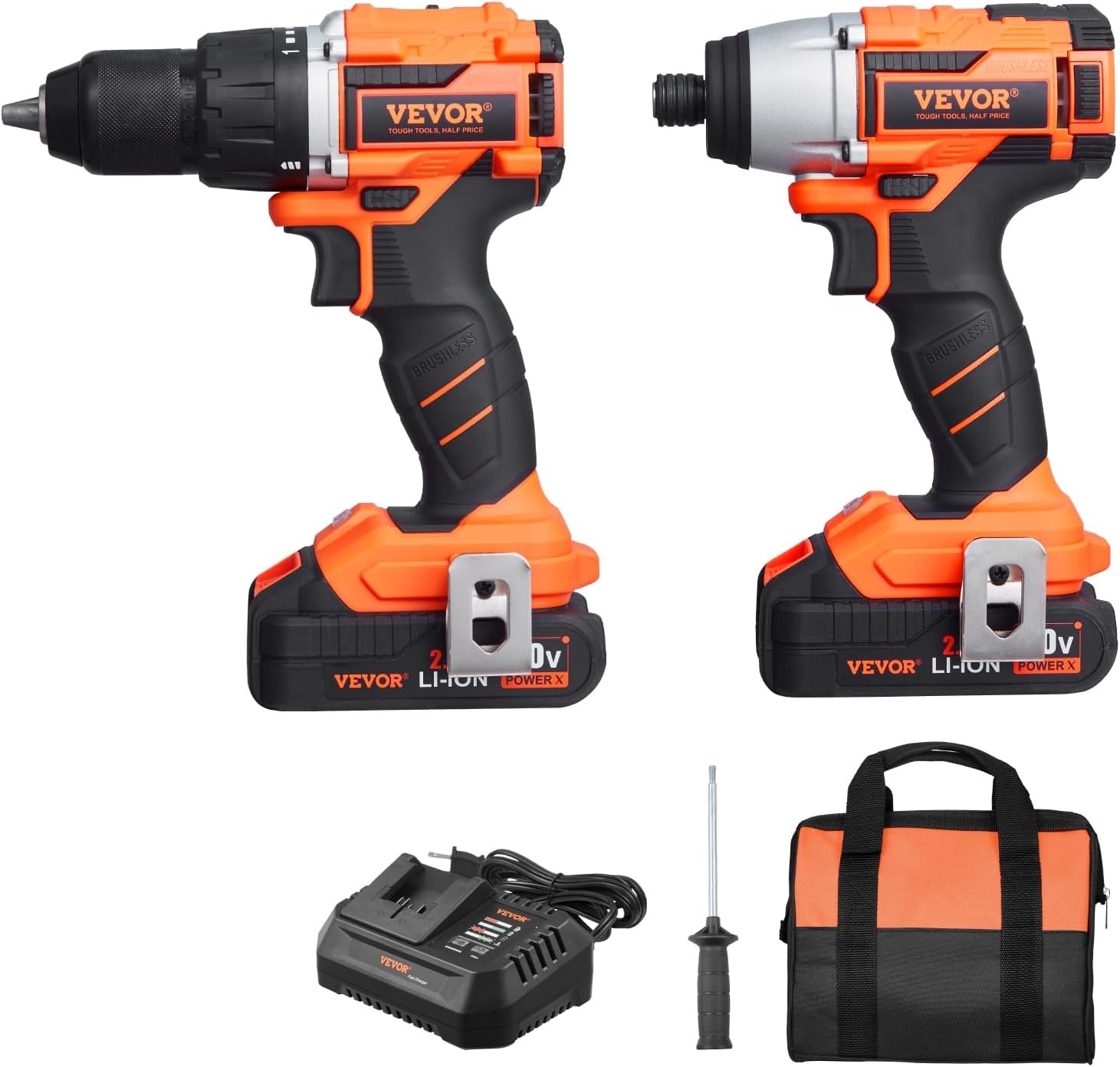image:imageVEVOR Tool Combo Kit 20V Max Cordless 2Tool Combo Kit with 12 in Impact Drill 14 in Impact Driver Compact Cordless Power with 40 Ah Batteries Screws Charger and Cloth Bag