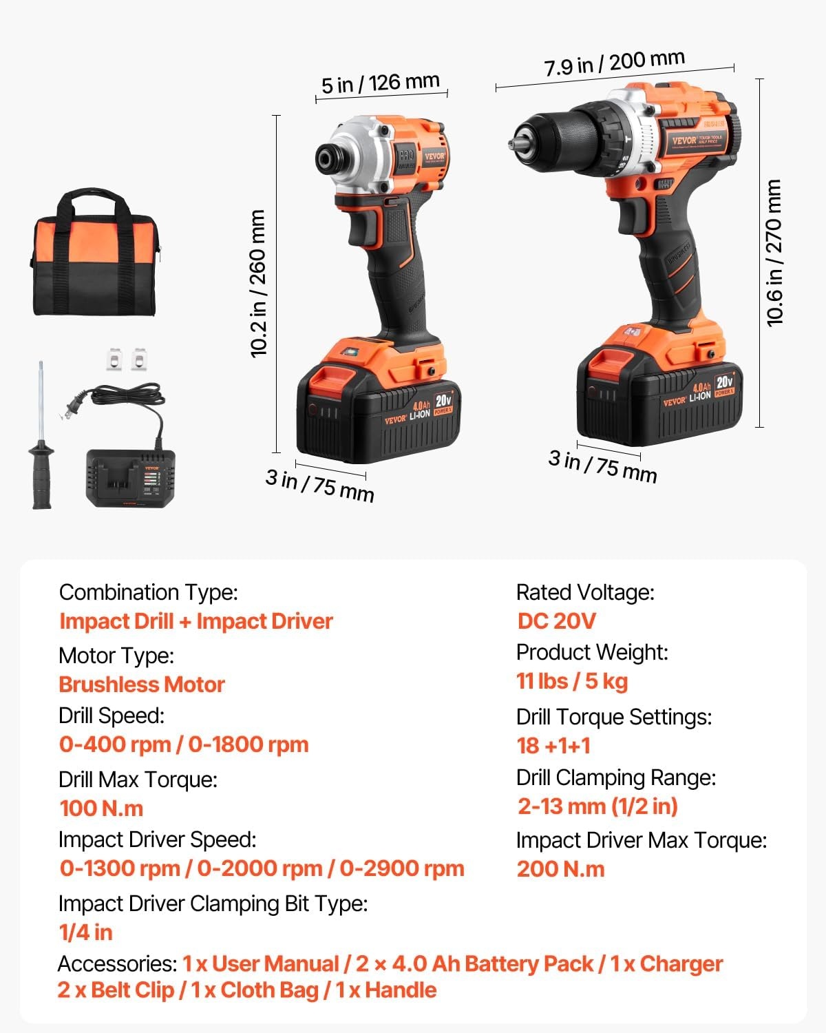 image:imageVEVOR Tool Combo Kit 20V Max Cordless 2Tool Combo Kit with 12 in Impact Drill 14 in Impact Driver Compact Cordless Power with 40 Ah Batteries Screws Charger and Cloth Bag