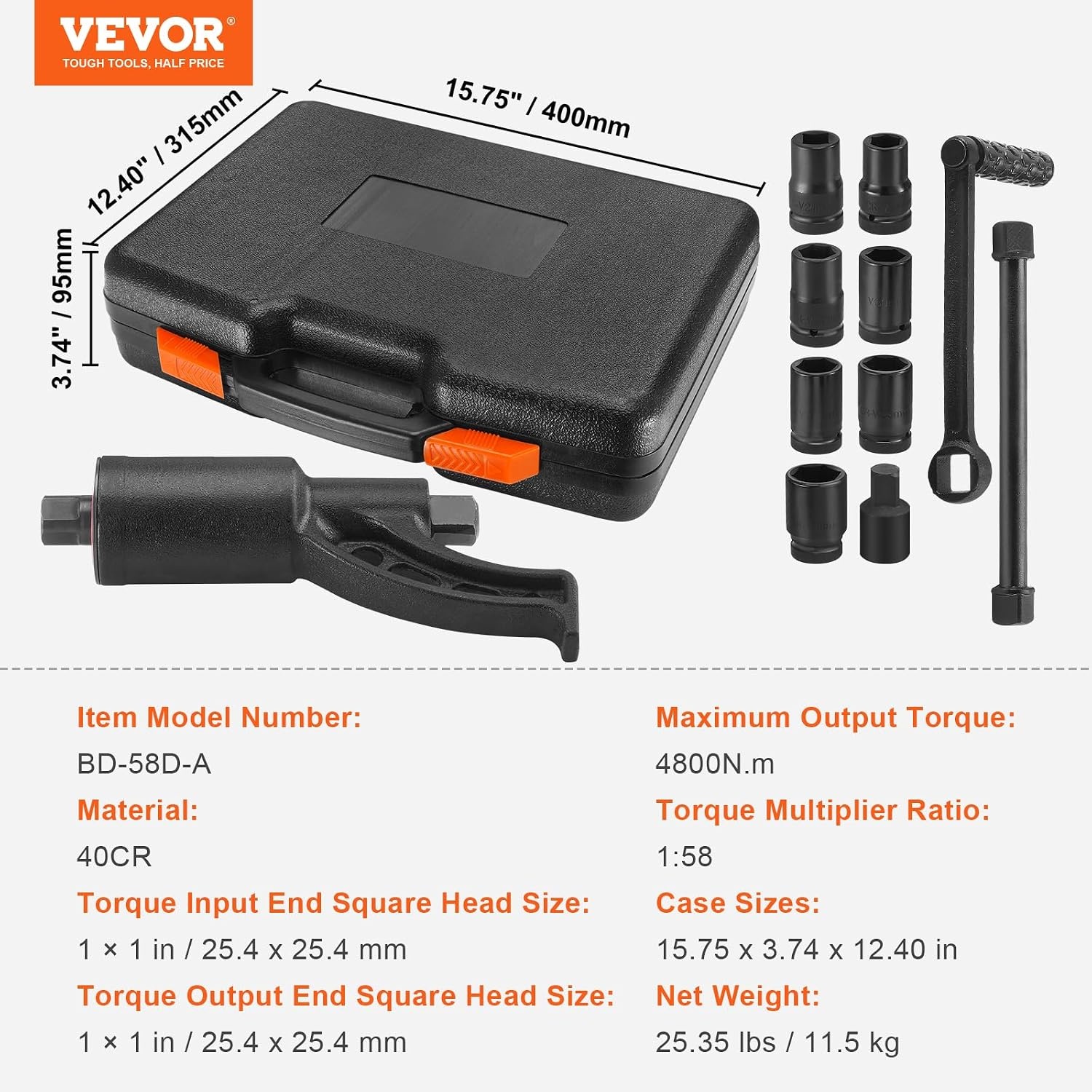 image:imageVEVOR Torque Multiplier 1 Inch Drive Lug Nut WrenchMultiplier Heavy Duty Torque Multiplier Wrench Set 158 4800Nm Lug Nut Remover Includes 8 Sockets 2438mm and Storage Case158 8 Sockets