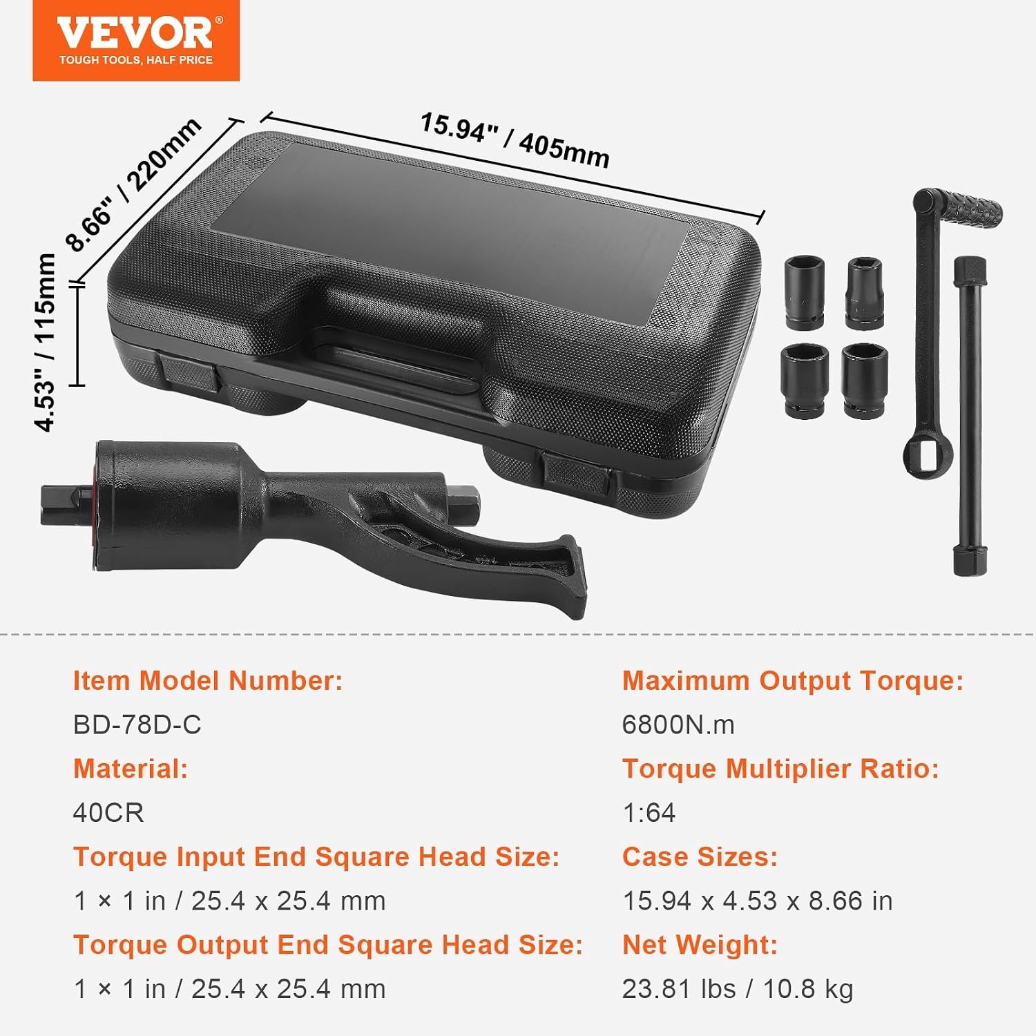 image:imageVEVOR Torque Multiplier 1 Inch Drive Lug Nut WrenchMultiplier Heavy Duty Torque Multiplier Wrench Set 158 4800Nm Lug Nut Remover Includes 8 Sockets 2438mm and Storage Case164 4 Sockets