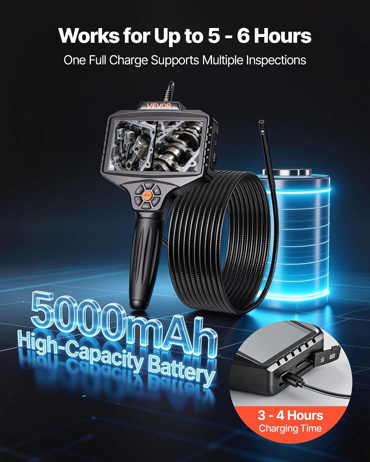 image:imageVEVOR Triple Lens Inspection Camera with Light 5 IPS Screen Industrial Borescope 8X Zoom 1080P HD Split Screen 10 LED Lights Scope Camera for Automotive Plumbing165FT360View