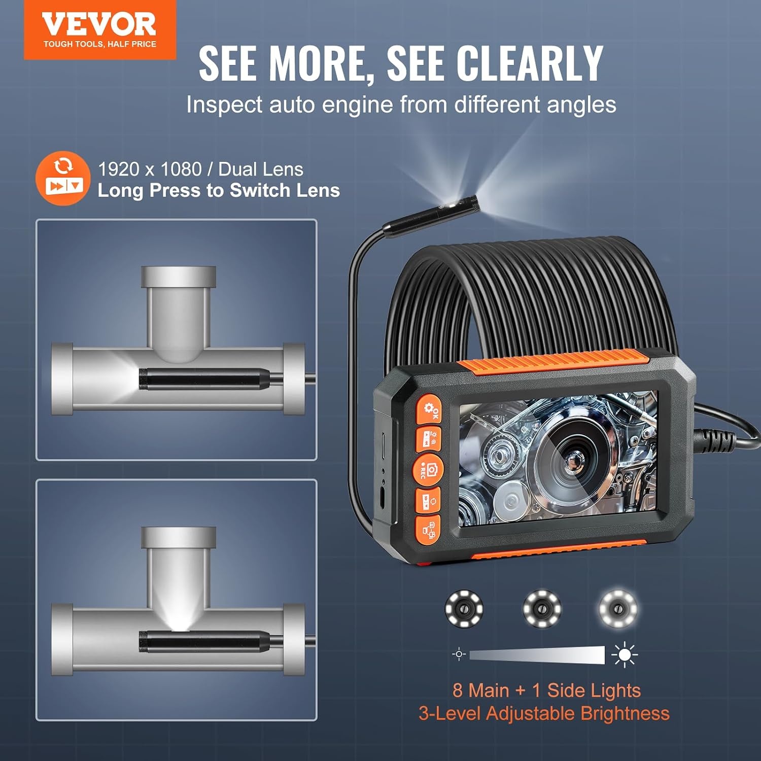 image:imageVEVOR Triple Lens Inspection Camera with Light 5 IPS Screen Industrial Borescope 8X Zoom 1080P HD Split Screen 10 LED Lights Scope Camera for Automotive Plumbing165FTDualView