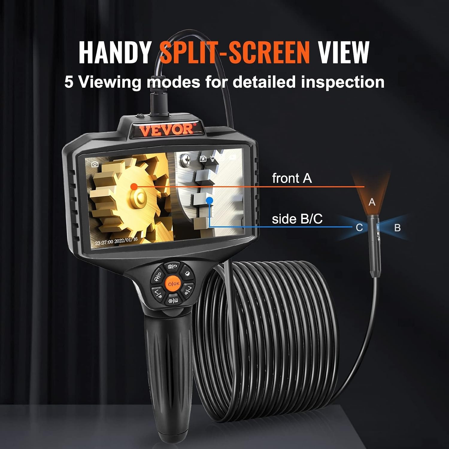 image:imageVEVOR Triple Lens Inspection Camera with Light 5 IPS Screen Industrial Borescope 8X Zoom 1080P HD Split Screen 10 LED Lights Scope Camera for Automotive Plumbing165FTTripleView
