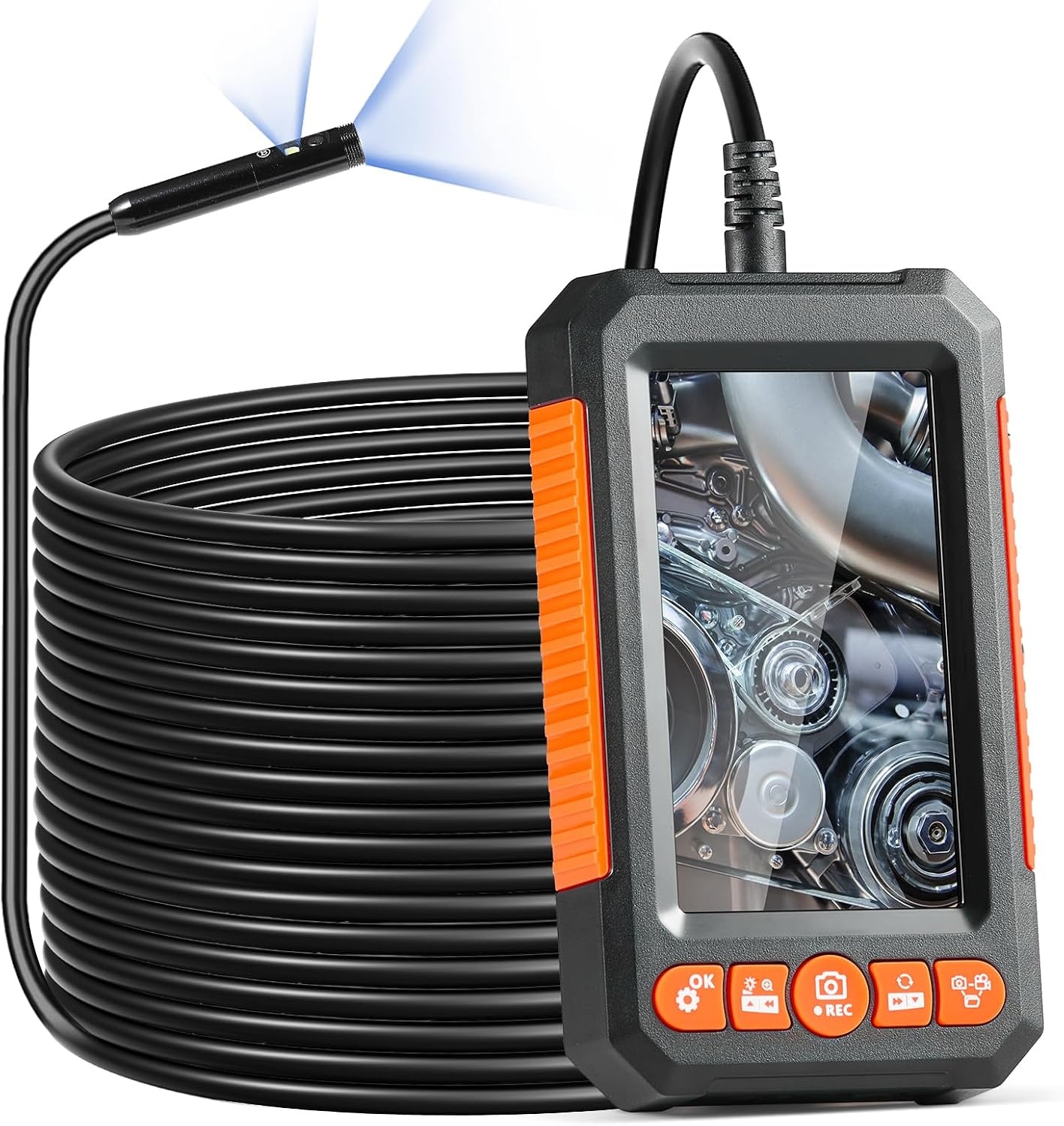 image:imageVEVOR Triple Lens Inspection Camera with Light 5 IPS Screen Industrial Borescope 8X Zoom 1080P HD Split Screen 10 LED Lights Scope Camera for Automotive Plumbing165FTDualView