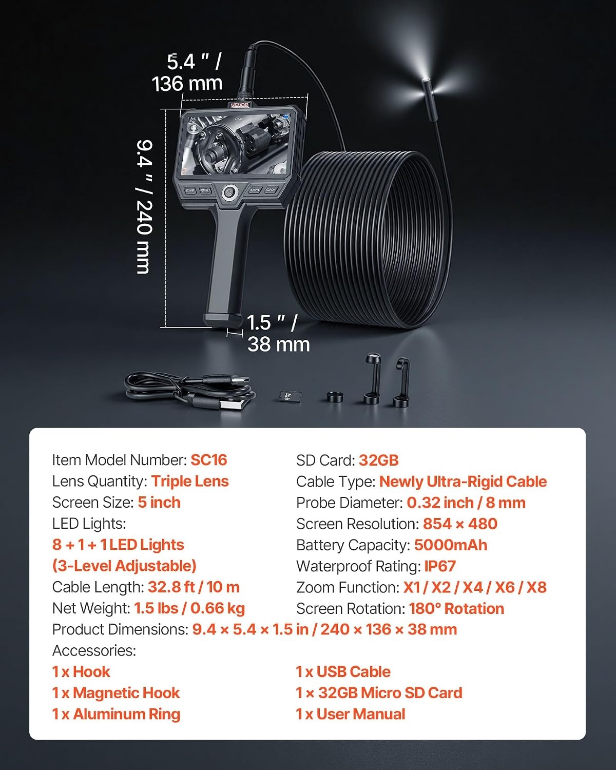 image:imageVEVOR Triple Lens Inspection Camera with Light 5 IPS Screen Industrial Borescope 8X Zoom 1080P HD Split Screen 10 LED Lights Scope Camera for Automotive Plumbing165FTTripleView