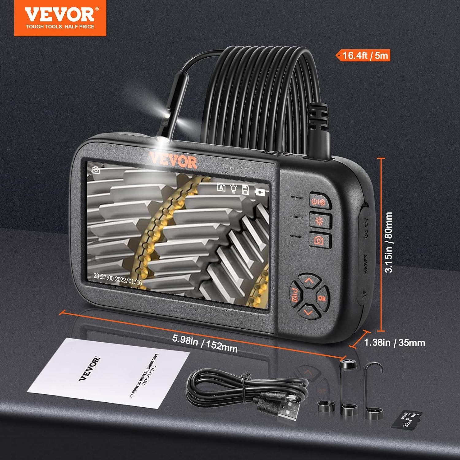 image:imageVEVOR Triple Lens Inspection Camera with Light 5 IPS Screen Industrial Borescope 8X Zoom 1080P HD Split Screen 10 LED Lights Scope Camera for Automotive Plumbing165FTTripleView