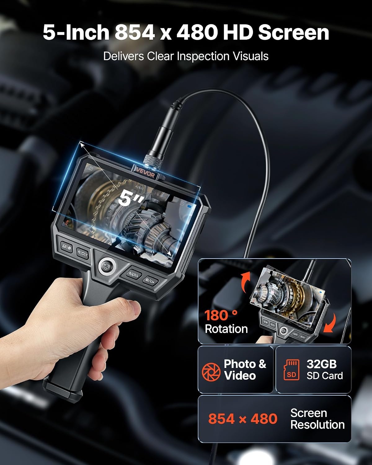 image:imageVEVOR Triple Lens Inspection Camera with Light 5 IPS Screen Industrial Borescope 8X Zoom 1080P HD Split Screen 10 LED Lights Scope Camera for Automotive Plumbing165FTTripleView