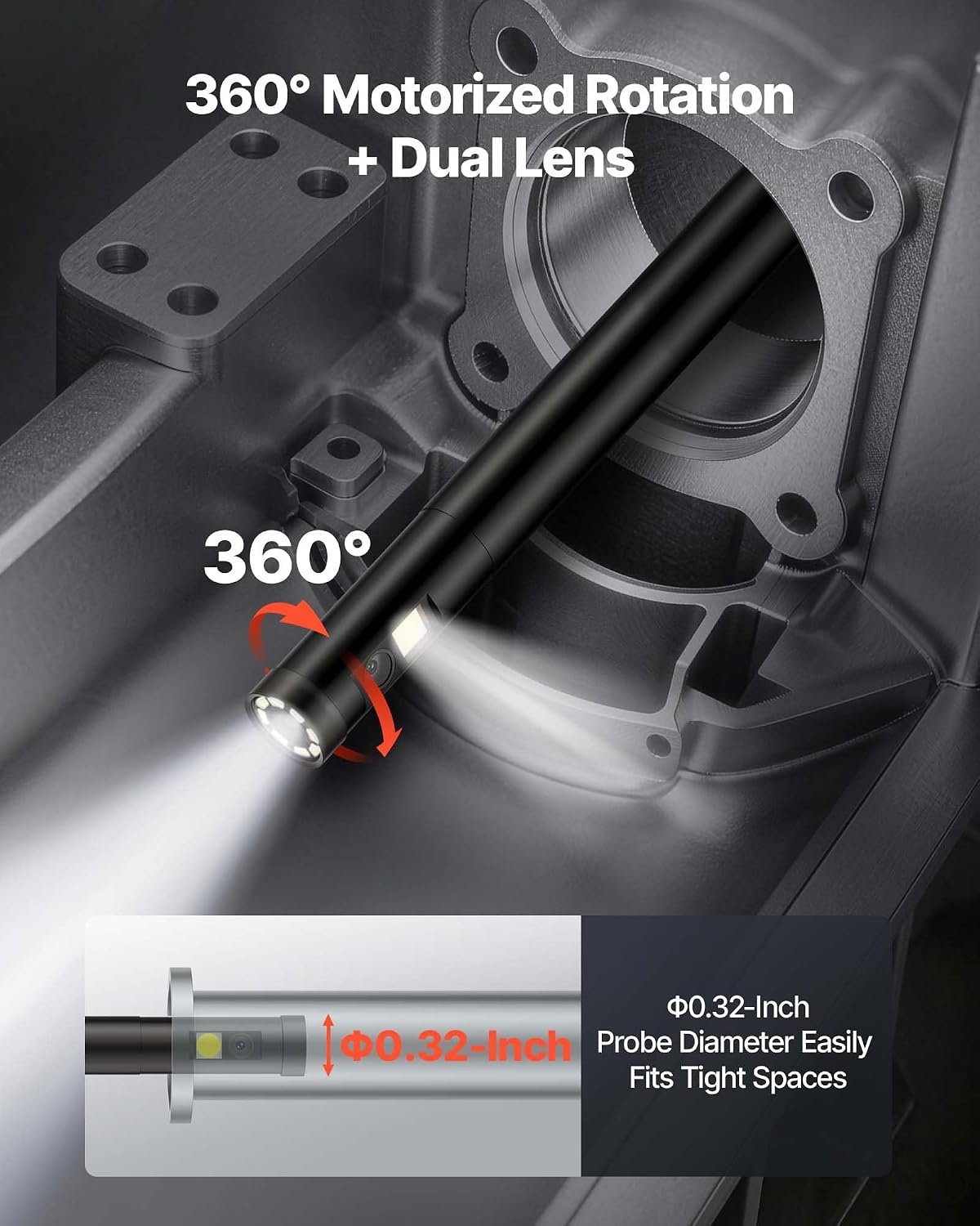 image:imageVEVOR Triple Lens Inspection Camera with Light 5 IPS Screen Industrial Borescope 8X Zoom 1080P HD Split Screen 10 LED Lights Scope Camera for Automotive Plumbing165FT360View