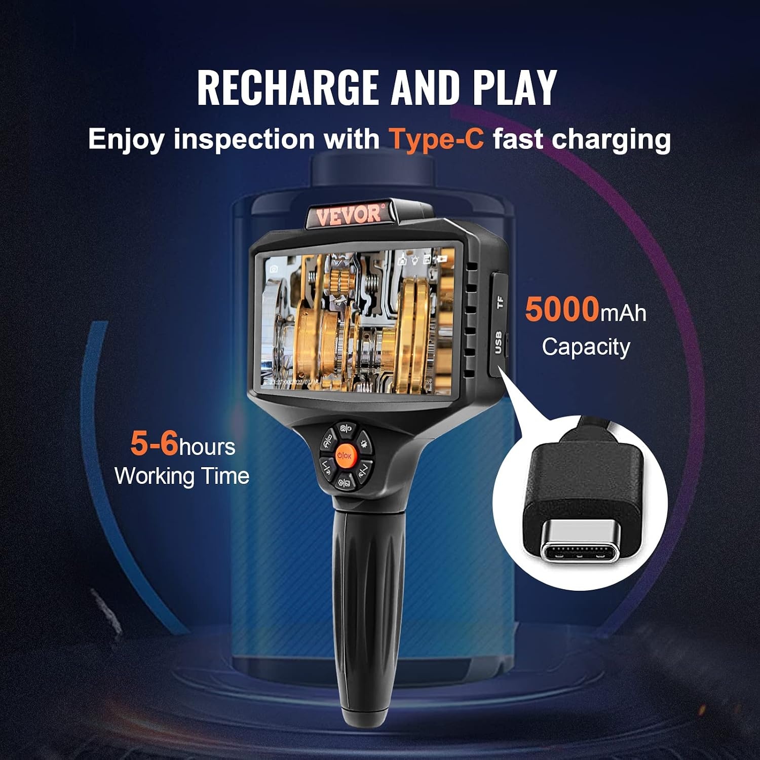 image:imageVEVOR Triple Lens Inspection Camera with Light 5 IPS Screen Industrial Borescope 8X Zoom 1080P HD Split Screen 10 LED Lights Scope Camera for Automotive Plumbing165FTTripleView