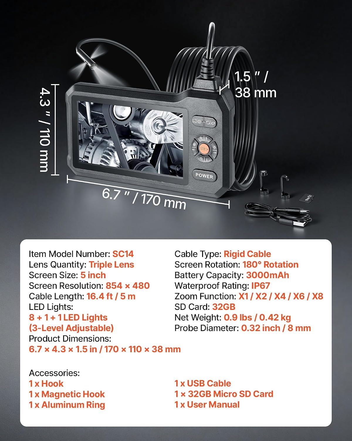 image:imageVEVOR Triple Lens Inspection Camera with Light 5 IPS Screen Industrial Borescope 8X Zoom 1080P HD Split Screen 10 LED Lights Scope Camera for Automotive Plumbing165FTTripleView