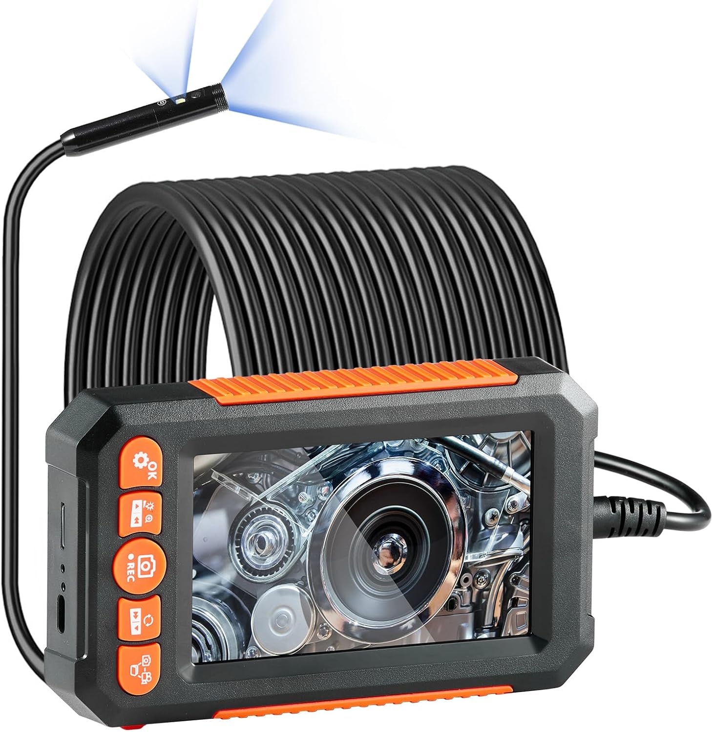image:imageVEVOR Triple Lens Inspection Camera with Light 5 IPS Screen Industrial Borescope 8X Zoom 1080P HD Split Screen 10 LED Lights Scope Camera for Automotive Plumbing165FTDualView