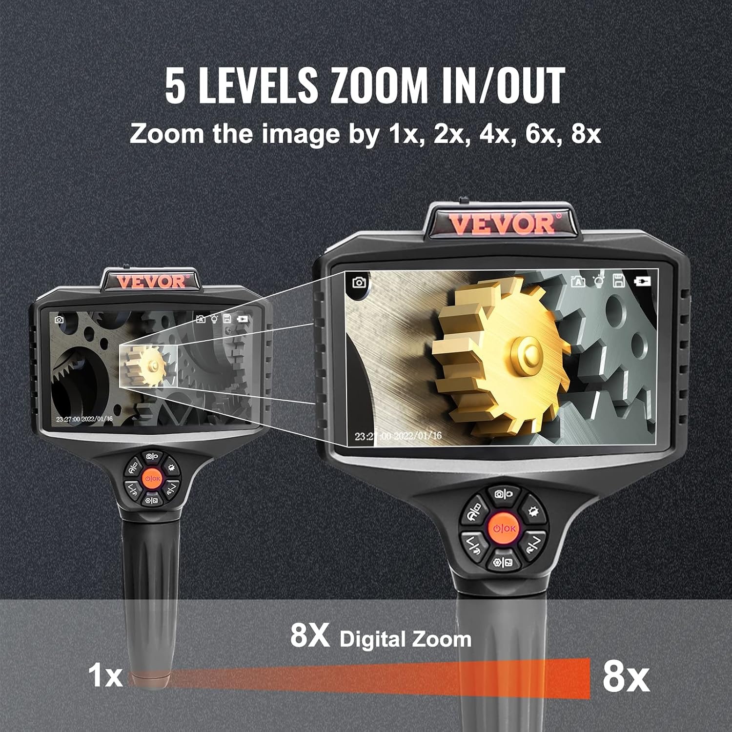 image:imageVEVOR Triple Lens Inspection Camera with Light 5 IPS Screen Industrial Borescope 8X Zoom 1080P HD Split Screen 10 LED Lights Scope Camera for Automotive Plumbing165FTTripleView
