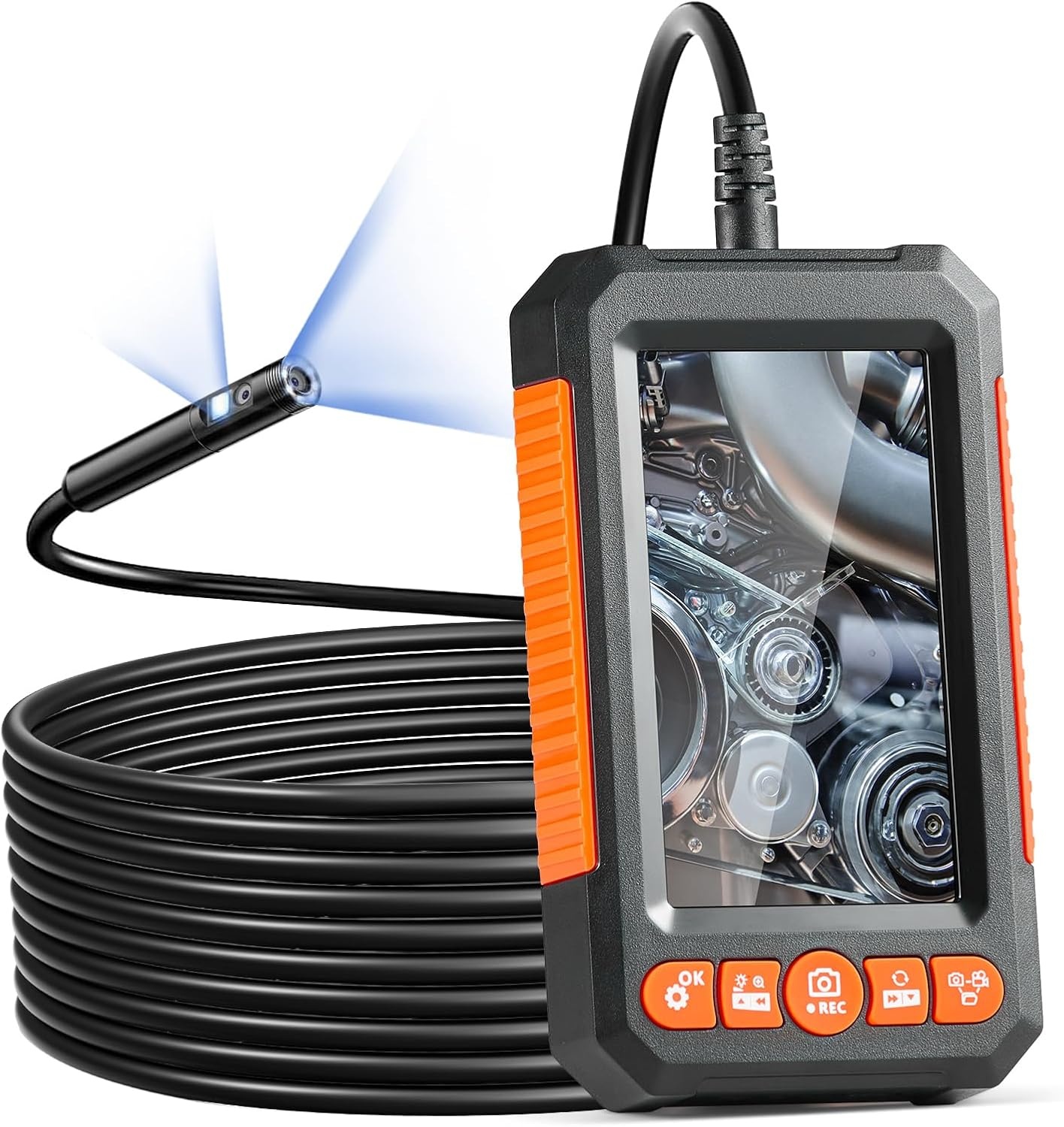 image:imageVEVOR Triple Lens Inspection Camera with Light 5 IPS Screen Industrial Borescope 8X Zoom 1080P HD Split Screen 10 LED Lights Scope Camera for Automotive Plumbing165FTDualView