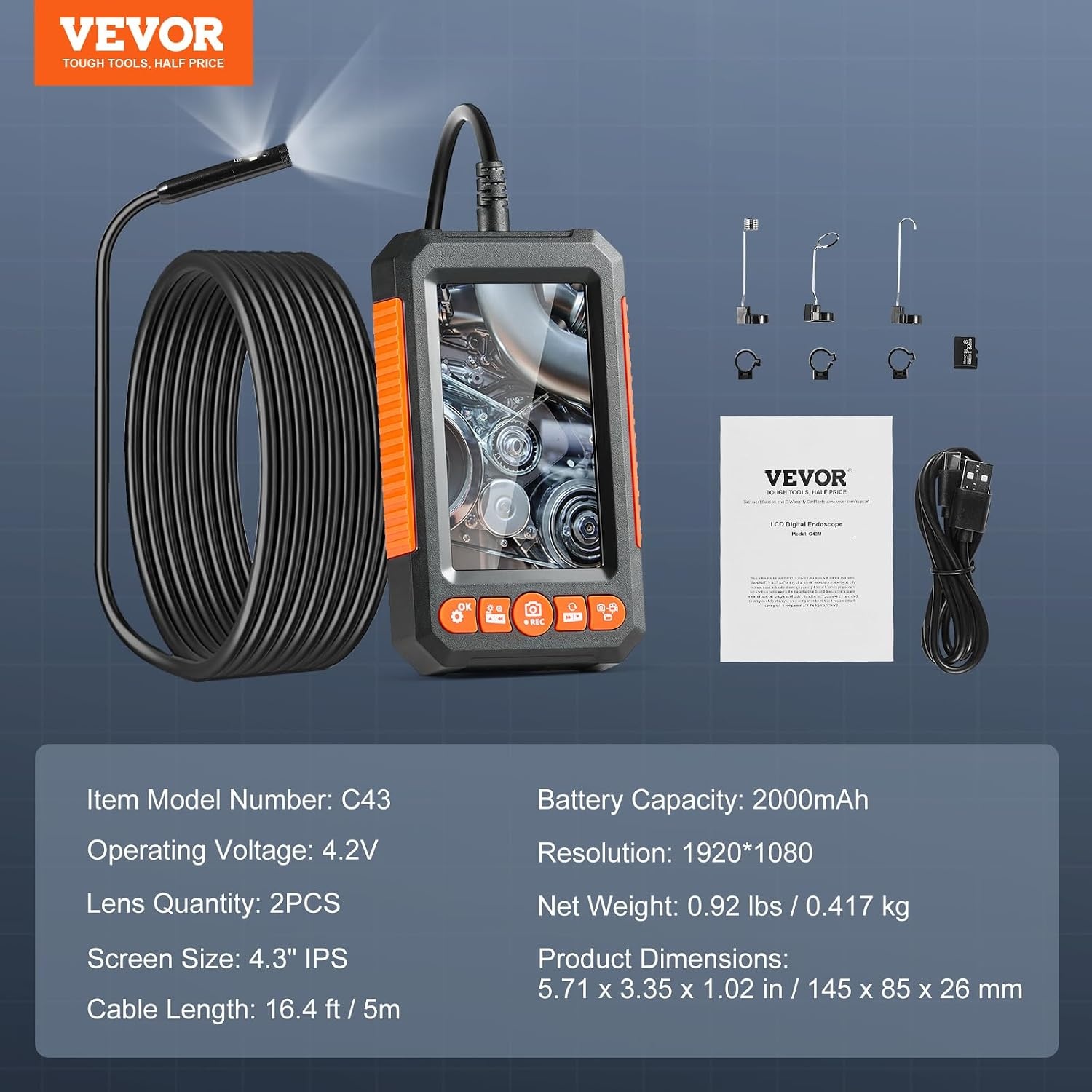 image:imageVEVOR Triple Lens Inspection Camera with Light 5 IPS Screen Industrial Borescope 8X Zoom 1080P HD Split Screen 10 LED Lights Scope Camera for Automotive Plumbing165FTDualView