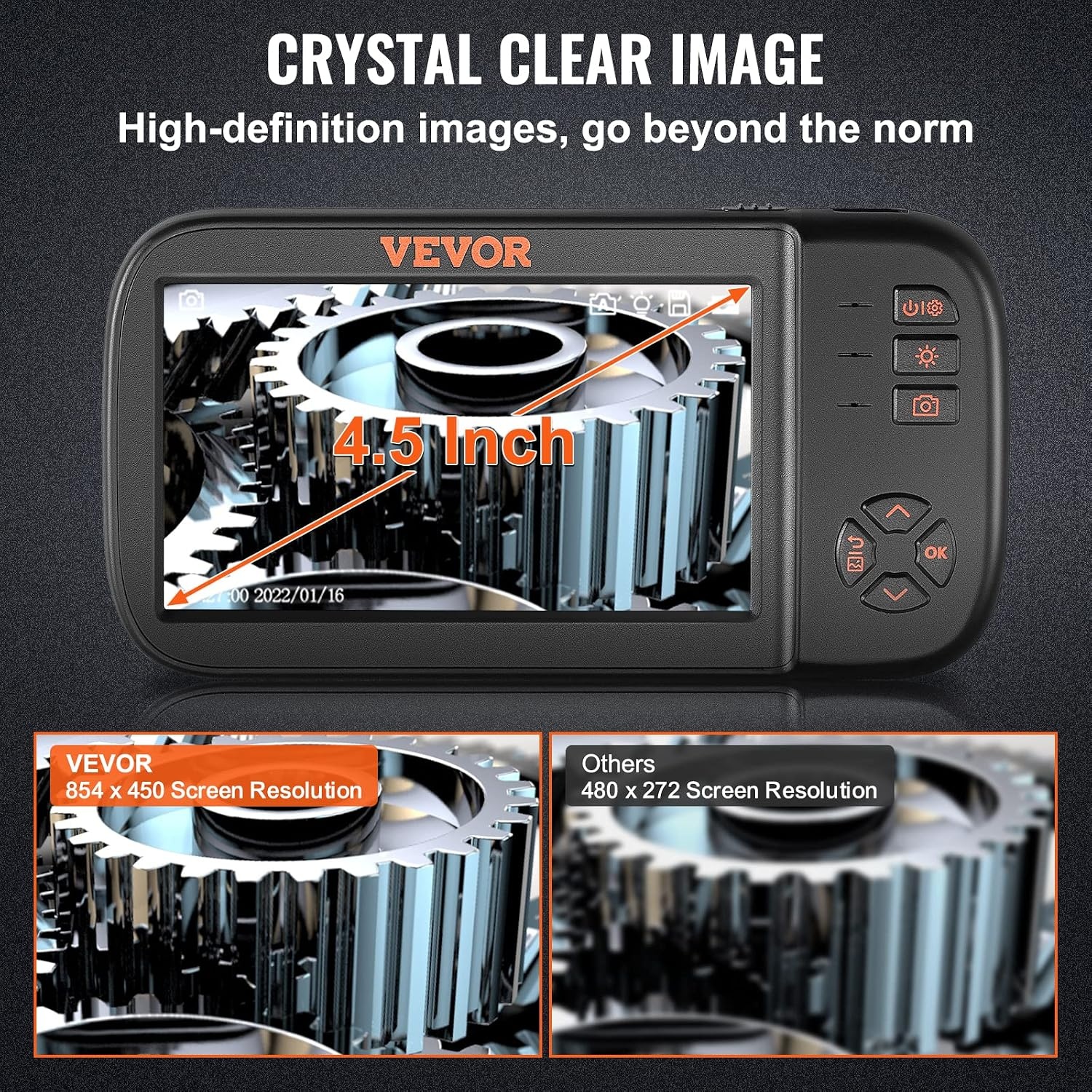 image:imageVEVOR Triple Lens Inspection Camera with Light 5 IPS Screen Industrial Borescope 8X Zoom 1080P HD Split Screen 10 LED Lights Scope Camera for Automotive Plumbing165FTTripleView